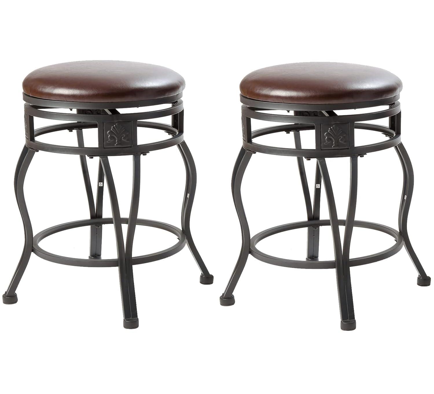 eHemco Swivel Metal Kitchen Counter Height Barstool with Upholstered Faux Leather Seat, 24 Inches, Black, Set of 2