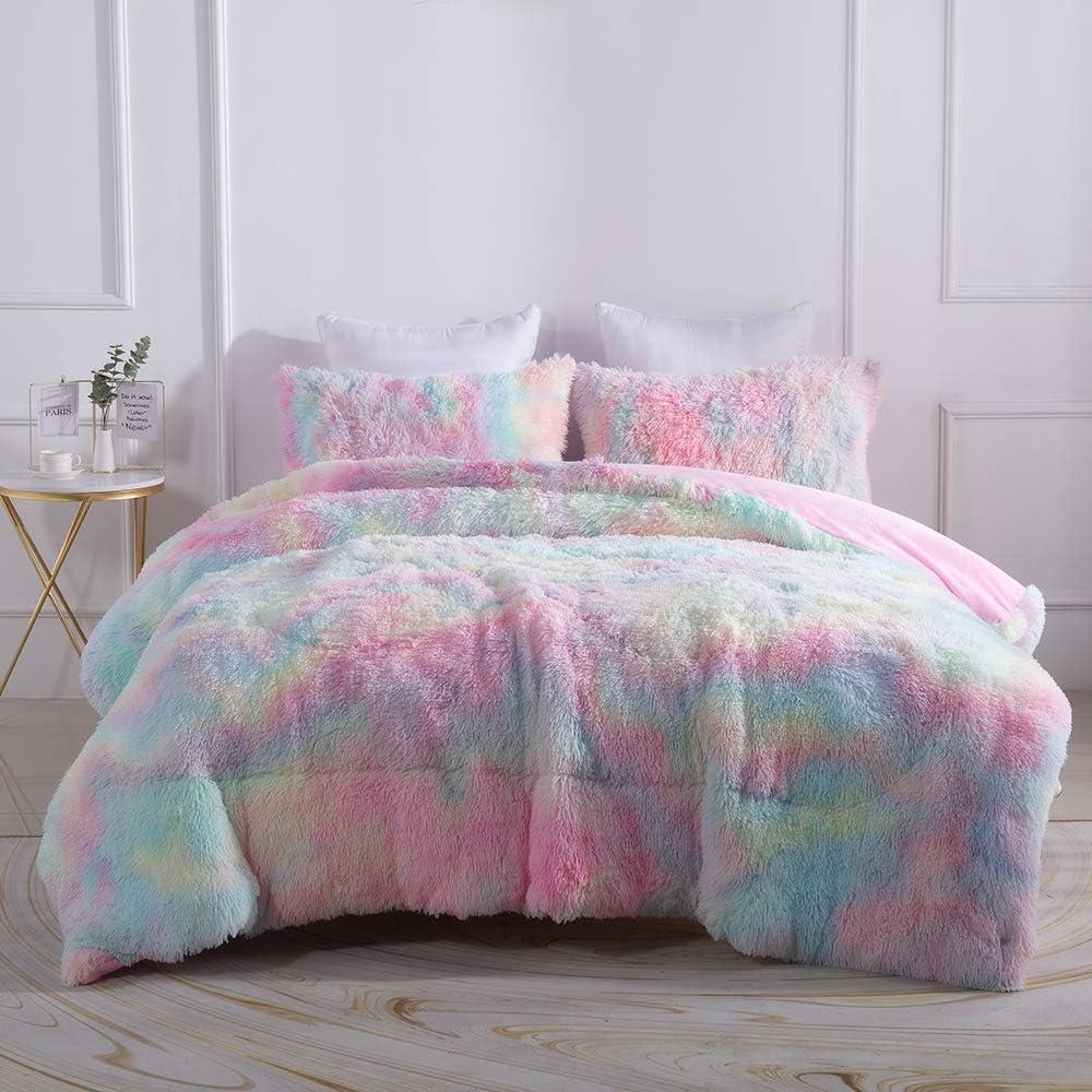 Full Size Rainbow Faux Fur Comforter Set