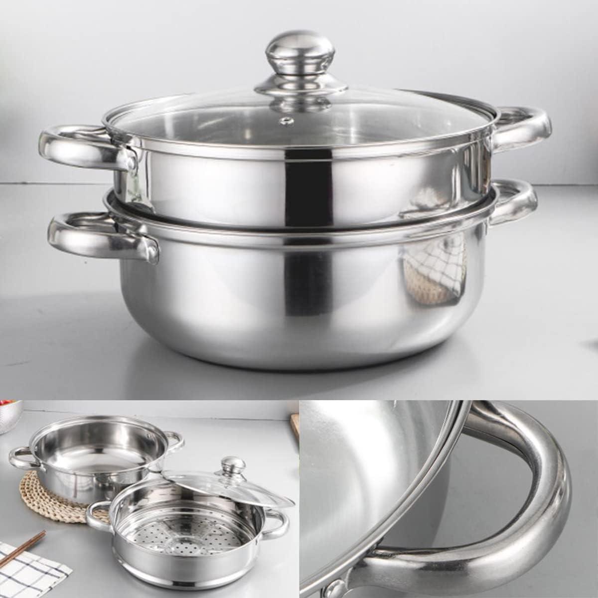 11.5'' Polished Stainless Steel 2-Tier Steamer Pot with Glass Lid