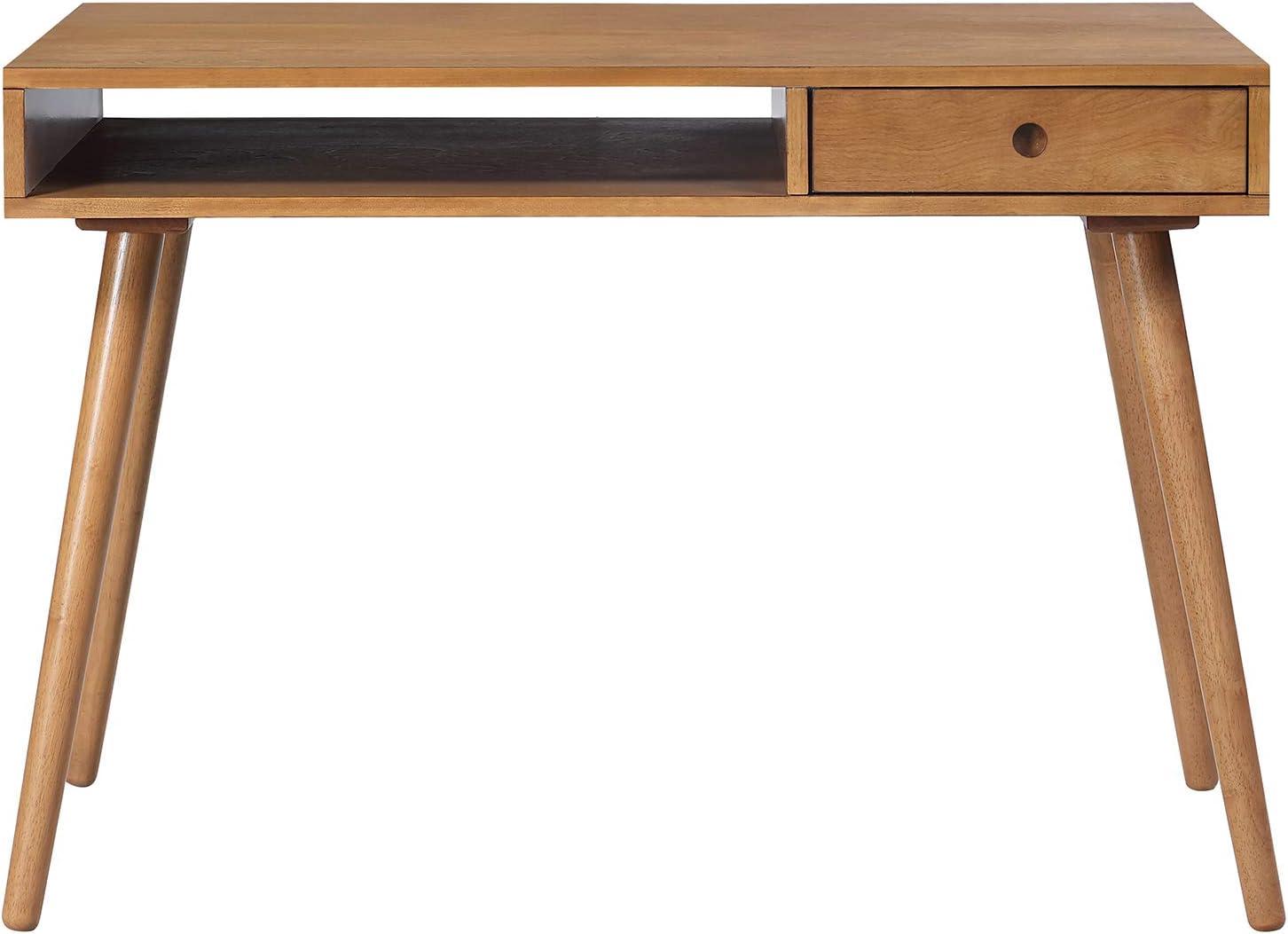 Nathan James Parker Mid-Century Desk with Drawer Acacia Light Brown: MDF Top, Solid Wood Legs, Home Office Furniture