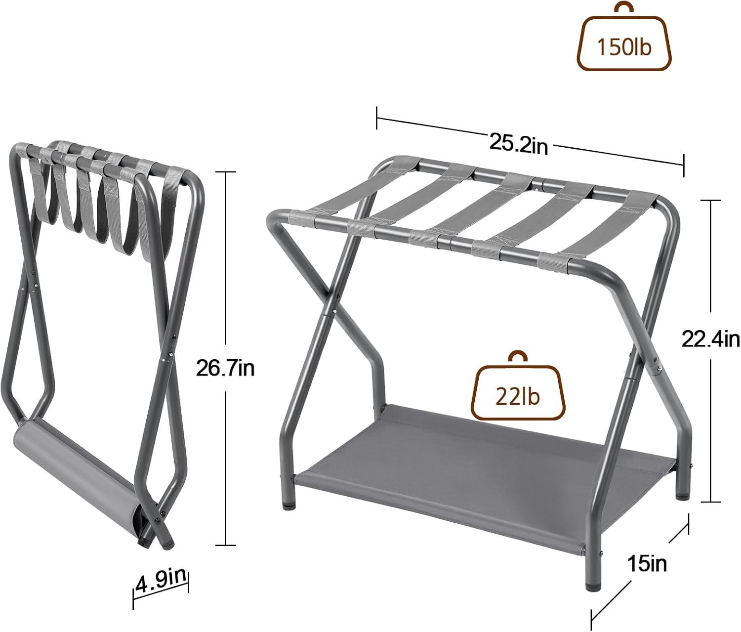 MEBROT Set Of 2, Foldable Suitcase Stands For Guest Room, Metal Luggage Holder With Storage Shelf For Bedroom, Hotel, Easy Assemble