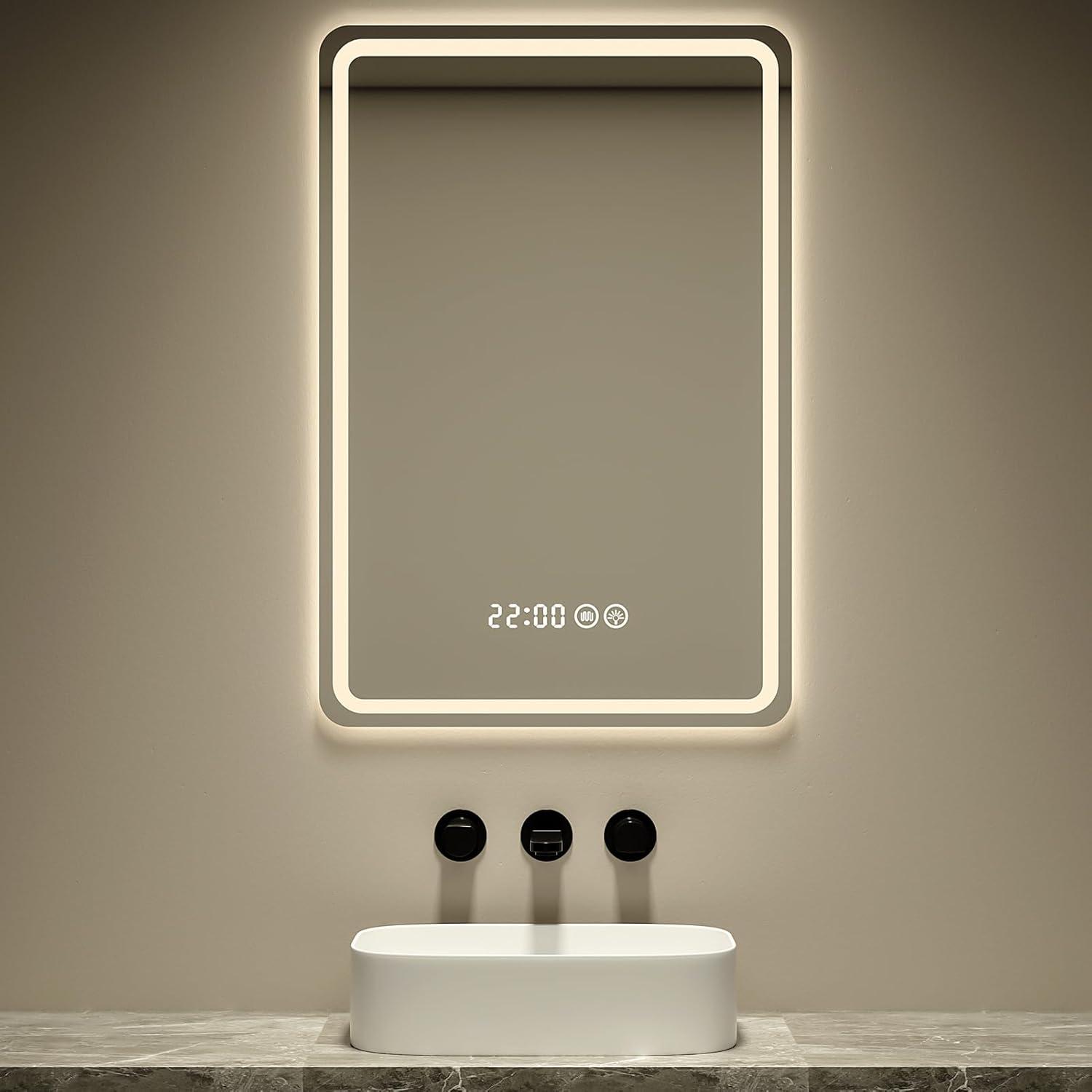 Led Bathroom Mirror Smart Mirror with Anti-Fog, Adjustable 3 Color3 Light, Wall Mounted Anti Fog Lighted Smart Vanity Mirror with Time & Temperature Display (20''x28'')