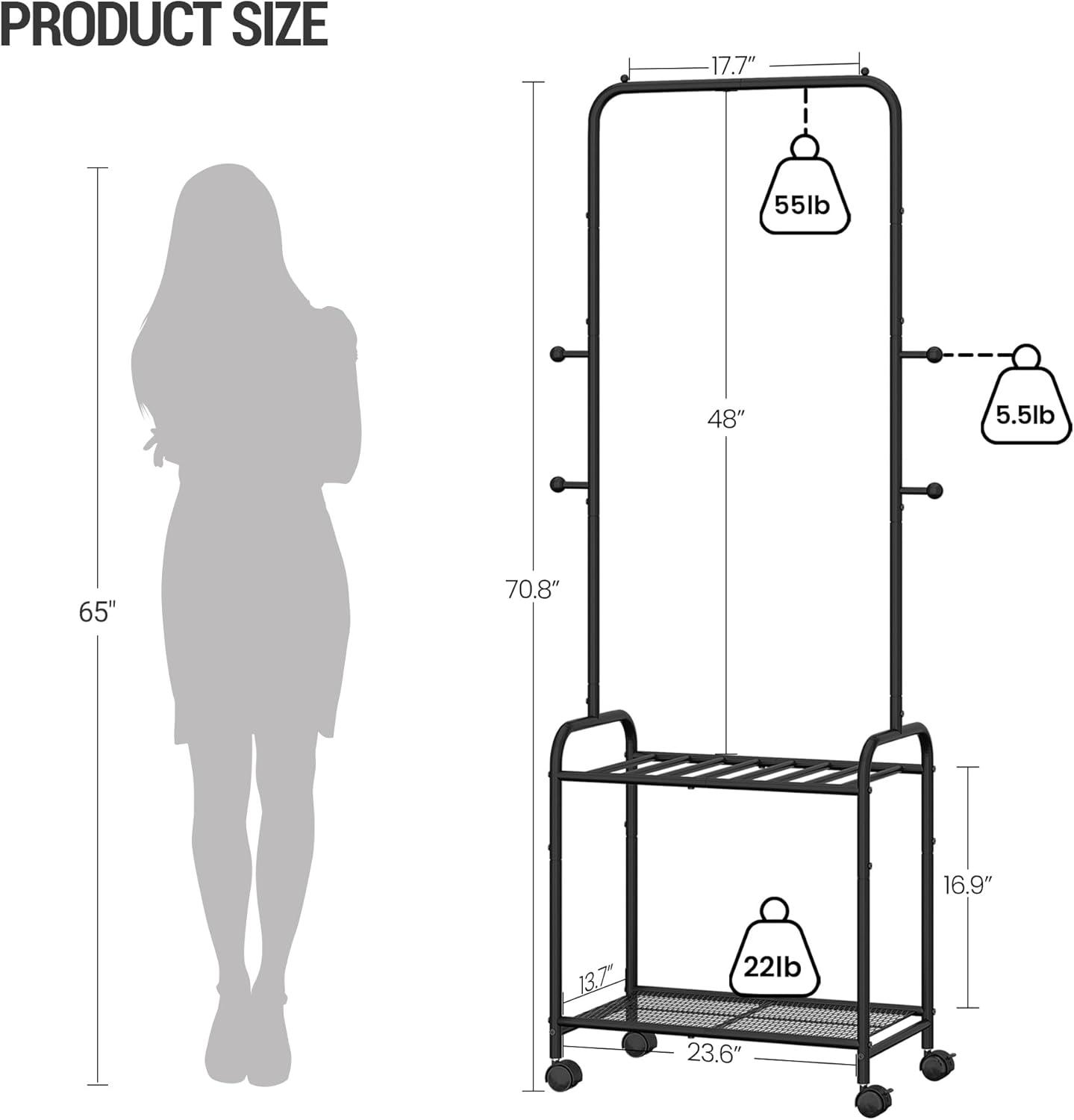 Black Metal Portable Garment Rack with Storage Shelves