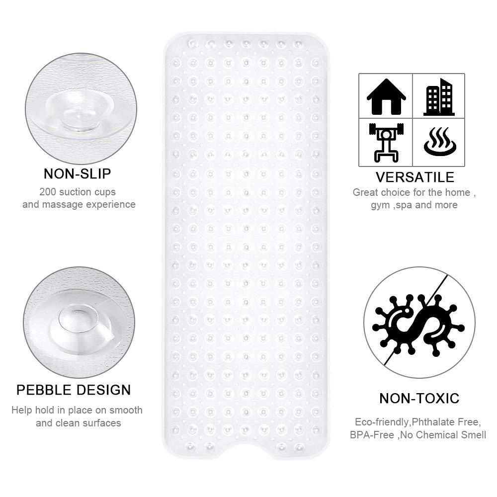 YINENN Bath and Shower Safety Mats 40x16 inch, Non Slip with Suction Cups for Bathroom Stall and Tub Floor, Extra Large and Machine Washable, Drain Holes Keep Bathtub Clean, Clear