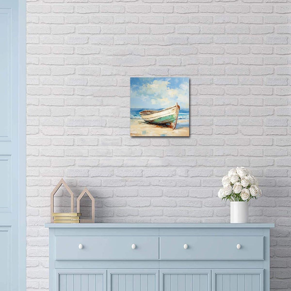 Yatehui Rustic Boat Canvas Wall Art Beach Picture Coastal Wall Decor Prints for Bathroom Bedroom Farmhouse