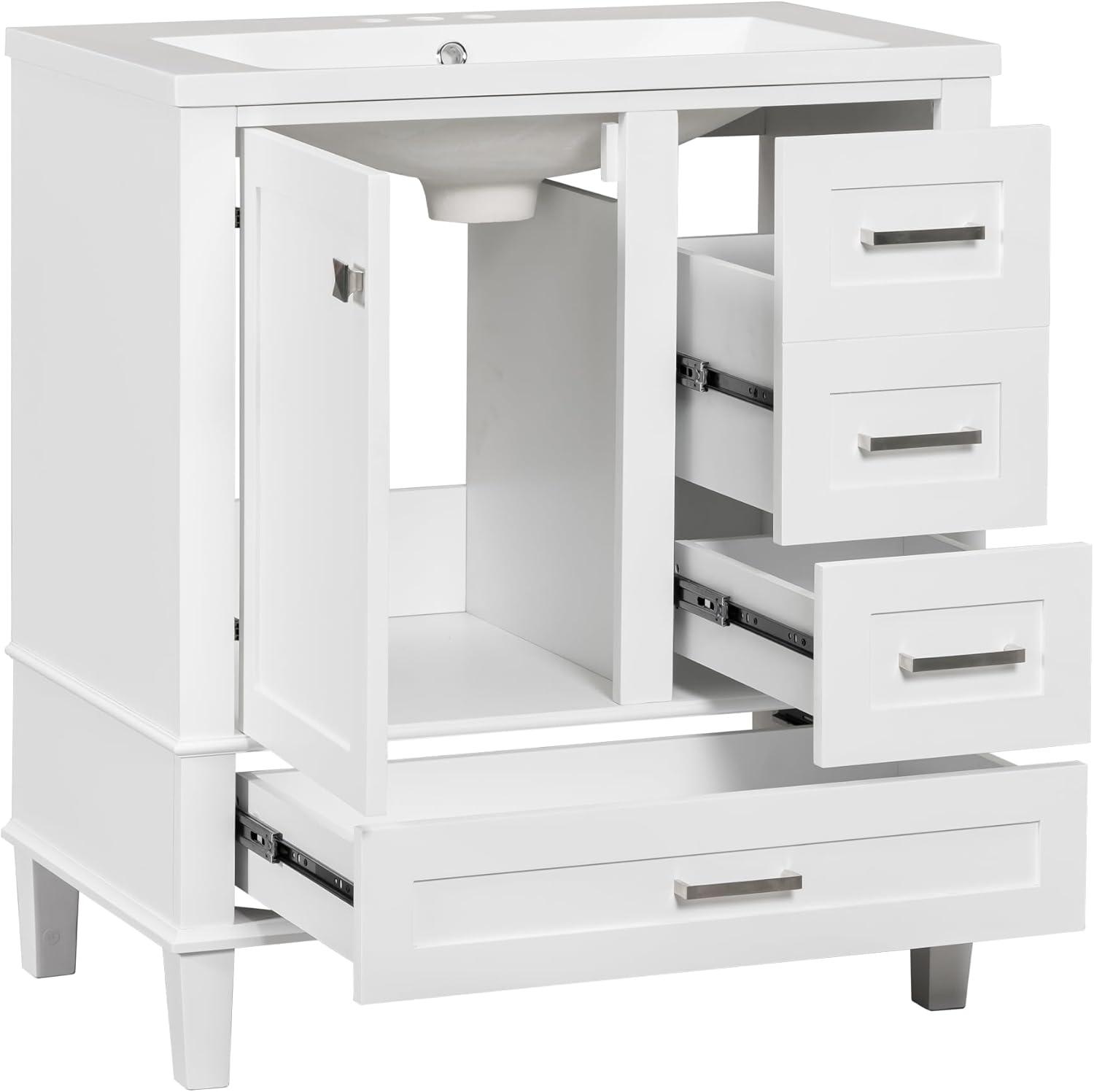 Merax 30 in Bathroom Vanity with Sink,3 Drawers and 4 Doors,Wood Single Sink Bathroom Vanity,Modern White Bathroom Vanities Sink Cabinet Floor Standing with Sink Combo Set