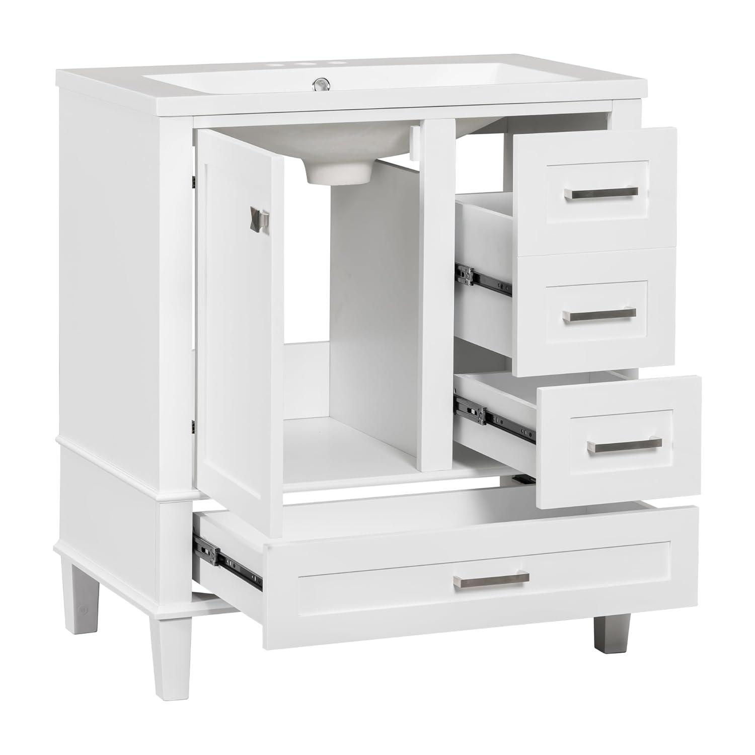 Merax 30 in Bathroom Vanity with Sink,3 Drawers and 4 Doors,Wood Single Sink Bathroom Vanity,Modern White Bathroom Vanities Sink Cabinet Floor Standing with Sink Combo Set