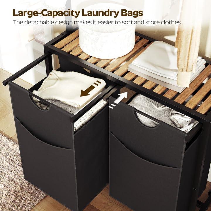 Laundry Sorter, Laundry Hamper with Hanging Rack, Laundry Sorter 2 Section, Laundry Basket with Wheels, Hampers for Laundry, Laundry Basket Organizer for Laundry Room, Rustic Brown LS27BR