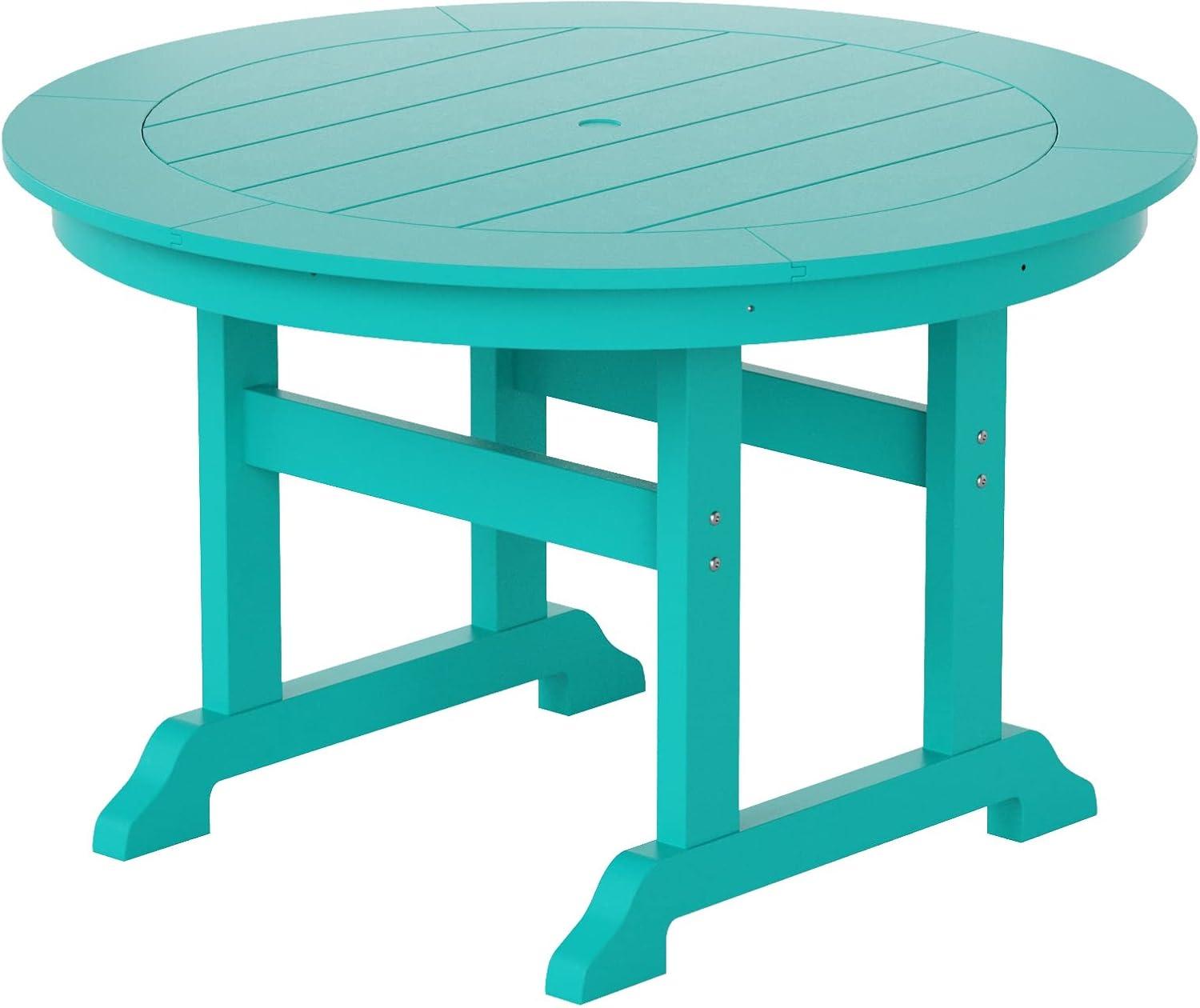 WestinTrends Malibu Patio Dining Table, All Weather Poly Lumber Adirondack 47" Trestle Round Outdoor Table with Umbrella Hole, Turquoise