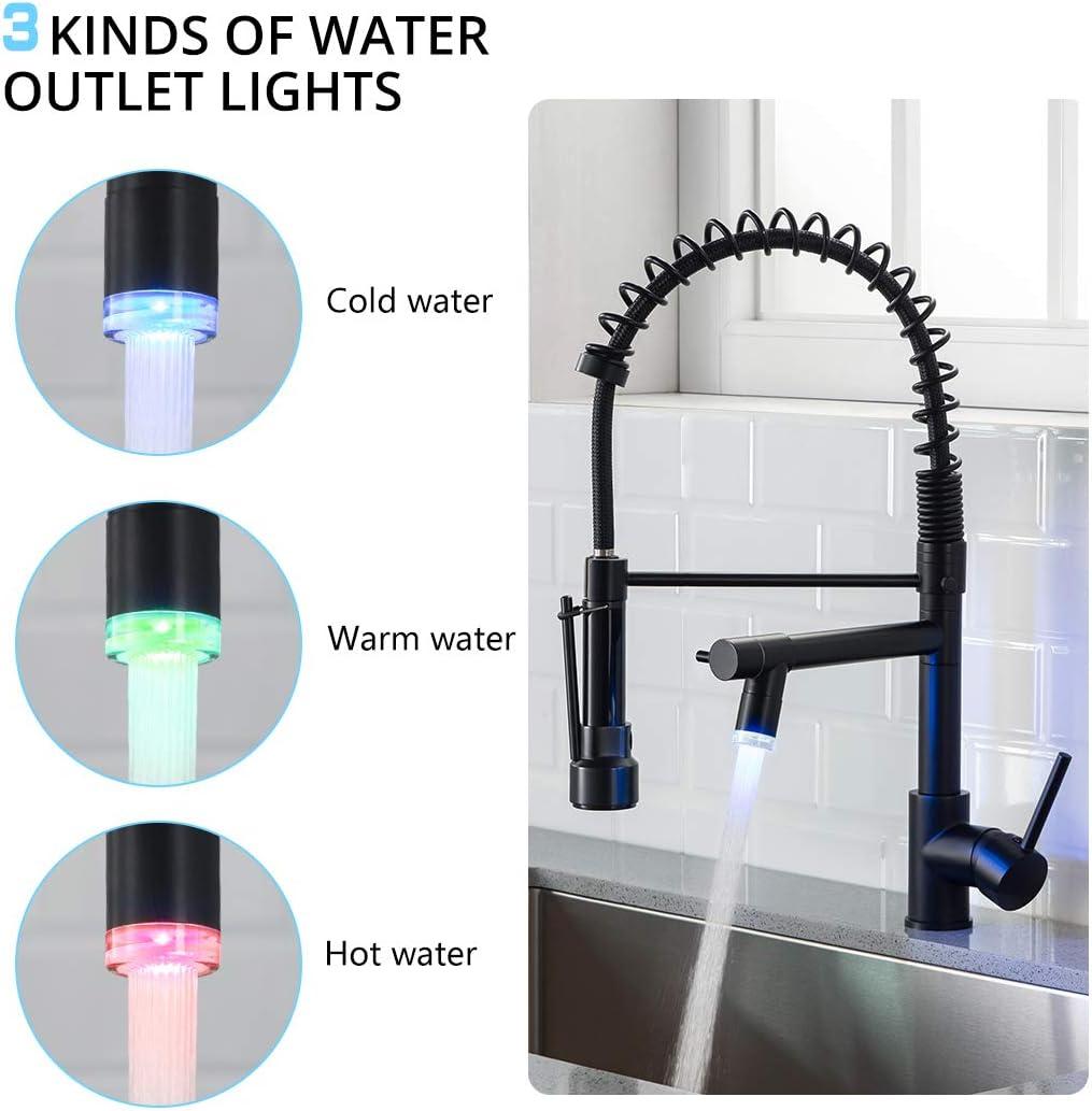 Matte Black Commercial Spring Kitchen Faucet with LED Sprayer