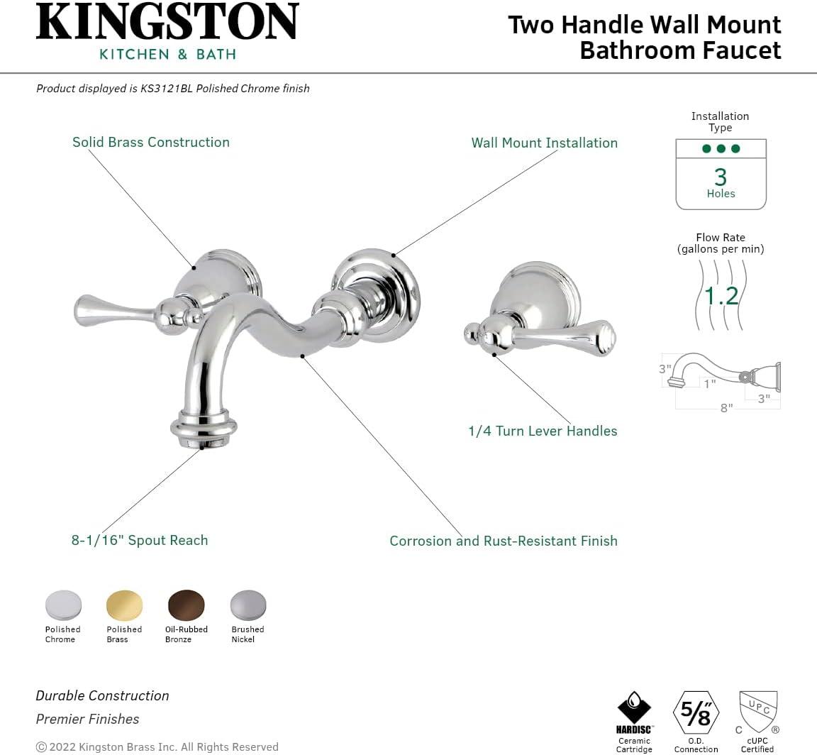 Kingston Brass KS3121BL Wall Mount Bathroom Faucet, Polished Chrome