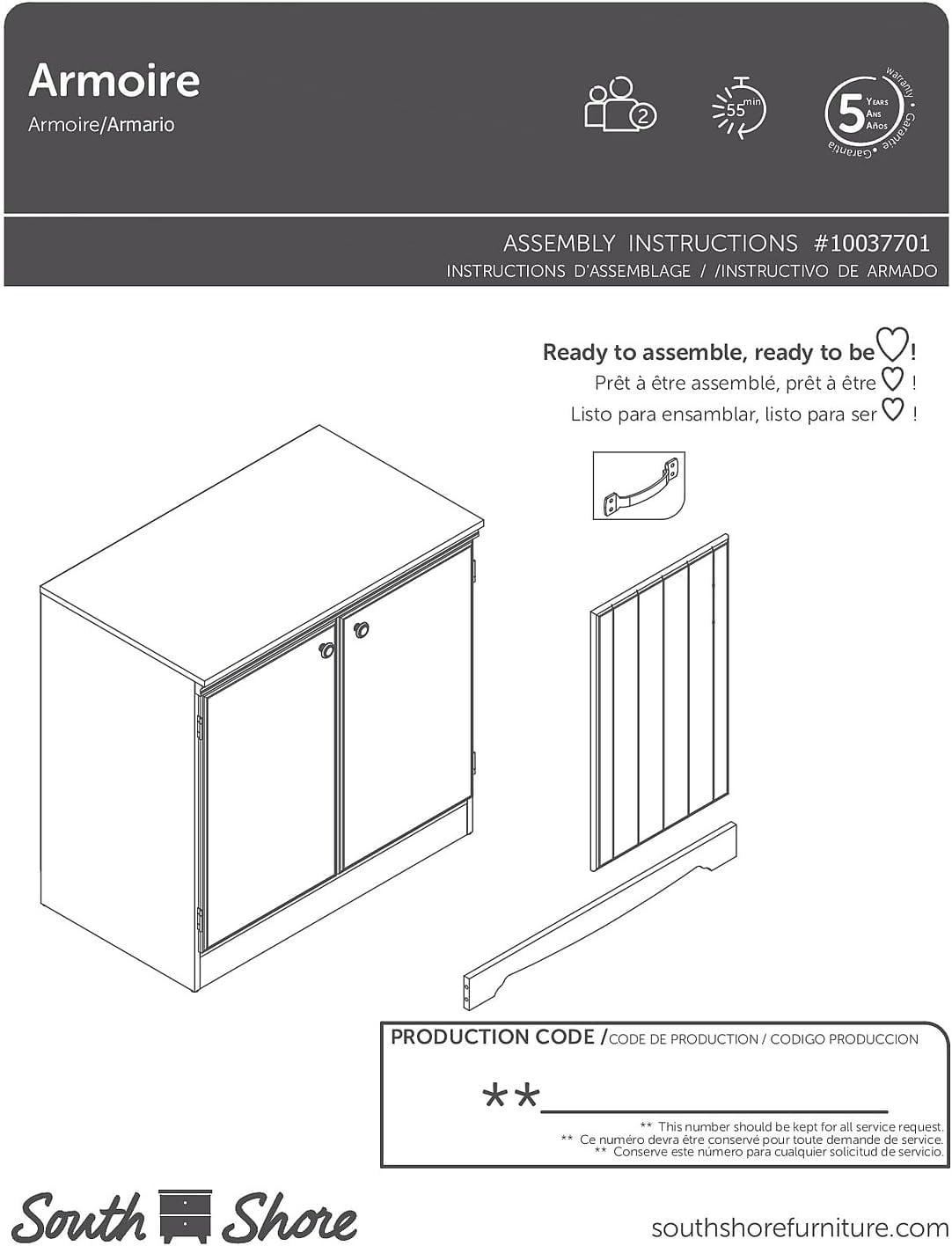 2 Door Morgan Storage Cabinet Pure White - South Shore: Adjustable Shelf, Laminated Particle Board