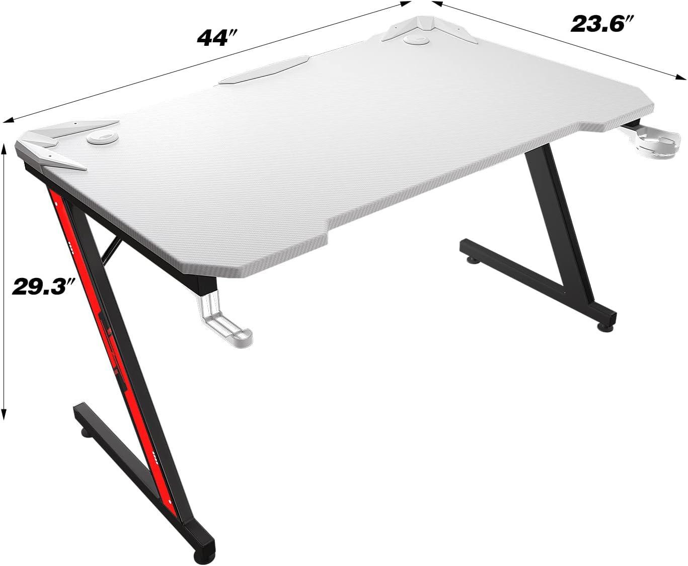 Homall Gaming Computer Desk with Carbon Fiber Surface, Gaming Table Z Shaped Pc Home Office with Cup Holder&Headphone Hook(44 in, White)