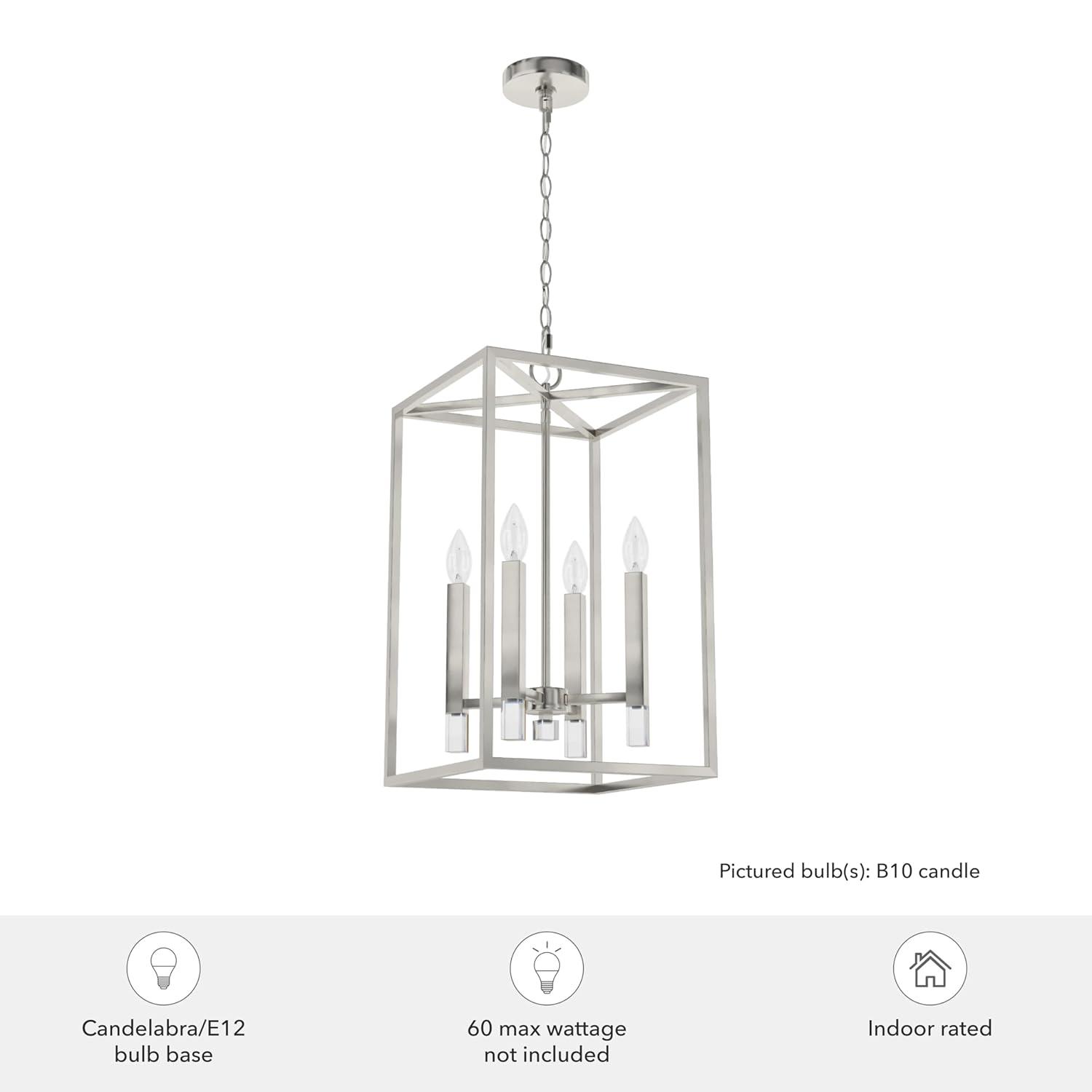 Hunter - Sunjai 4-light Brushed Nickel, Medium Size Pendant Light, Dimmable, Formal Style, Rectangle Shaped, for Bedrooms, Kitchens, Dining, Living Rooms - 19987
