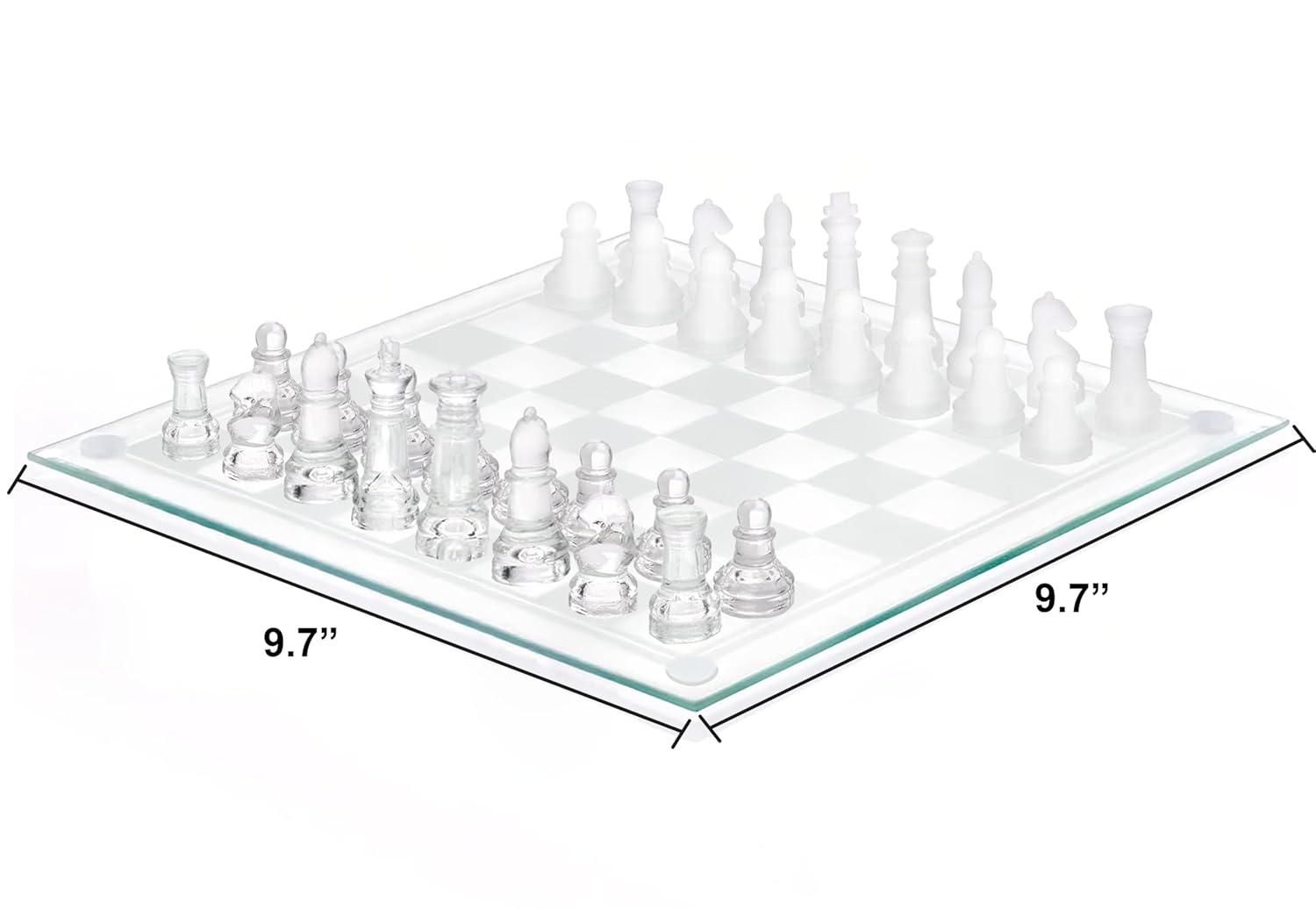 SRENTA 10" Fine Glass Chess Game Set, Solid Glass Chess Pieces with Padded Bottom, Crystal Chess Board Youth Adults Play Set