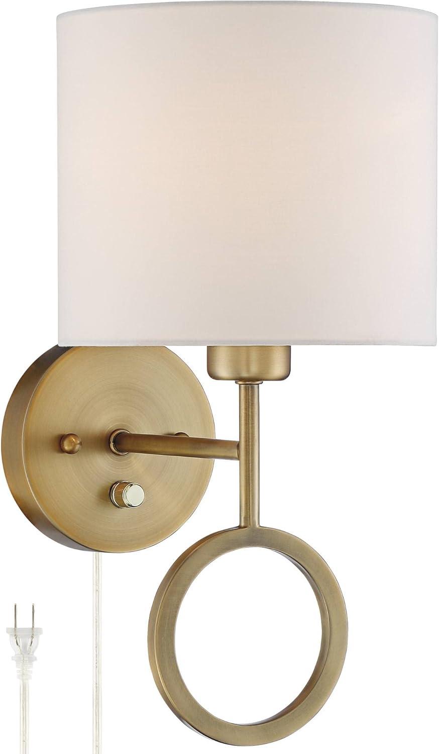 360 Lighting Amidon Modern Wall Lamp Warm Brass Metal Plug-in 8" Light Fixture White Fabric Drum Shade for Bedroom Reading Living Room House Home