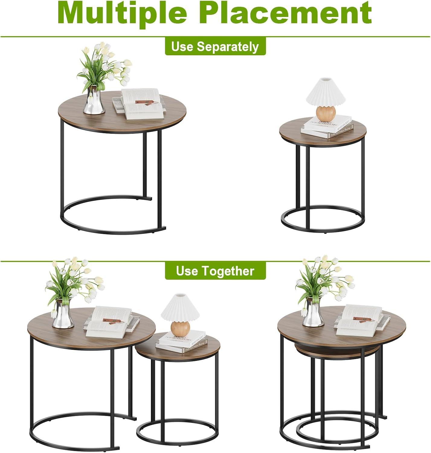 Yesfashion Nesting Coffee Table Set Of 2, 27.6" Round Coffee Table Wood Top With Sturdy Metal Frame, End Table Side Tables For Living Room Bedroom Balcony Yard