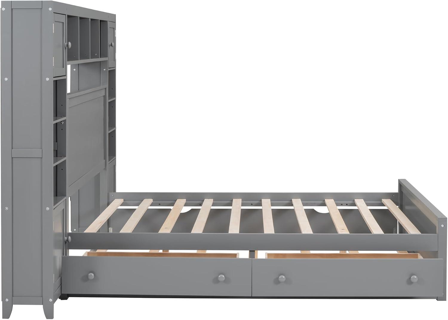 MODERNLUXE Queen Size Bed Frame with Trundle,Solid Wood Platform Bed with 10 Shelves,2 Storage Drawers,4 Cabinets,Charging Station and Bookcase Headboard,No Box Spring Needed/Noise Free,Gray