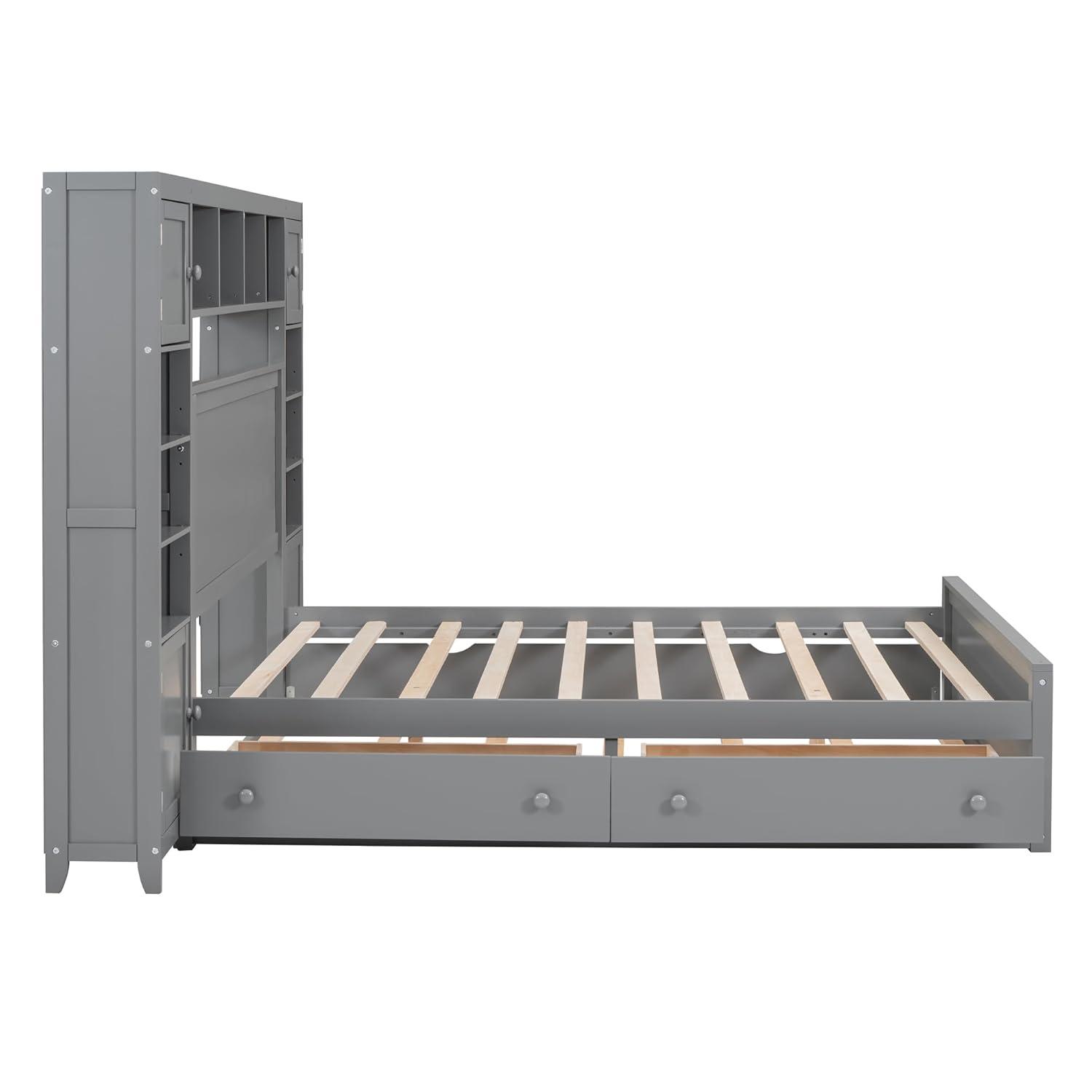 MODERNLUXE Queen Size Bed Frame with Trundle,Solid Wood Platform Bed with 10 Shelves,2 Storage Drawers,4 Cabinets,Charging Station and Bookcase Headboard,No Box Spring Needed/Noise Free,Gray