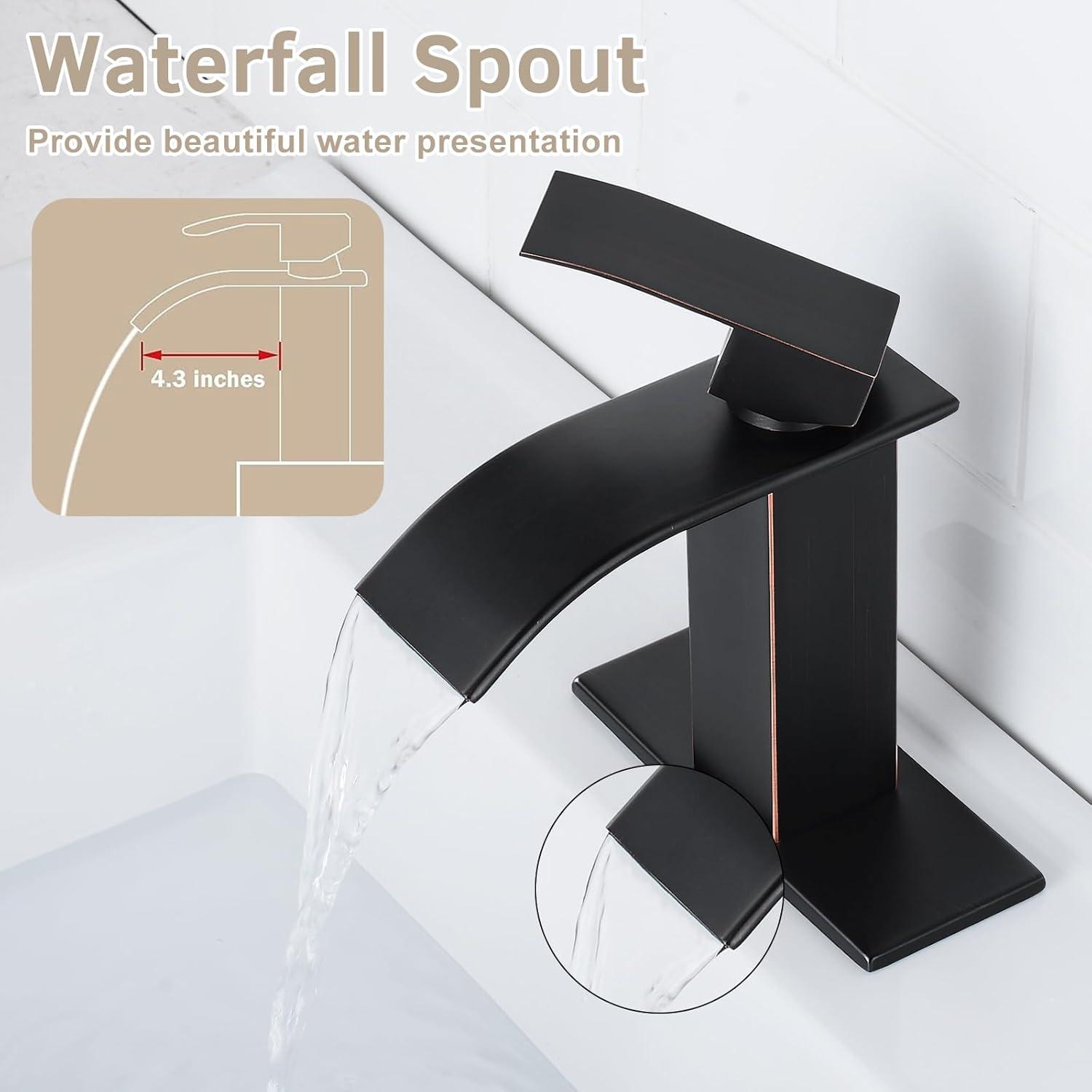 Oil Rubbed Bronze Waterfall Bathroom Faucet with Deckplate and Pop-Up Drain