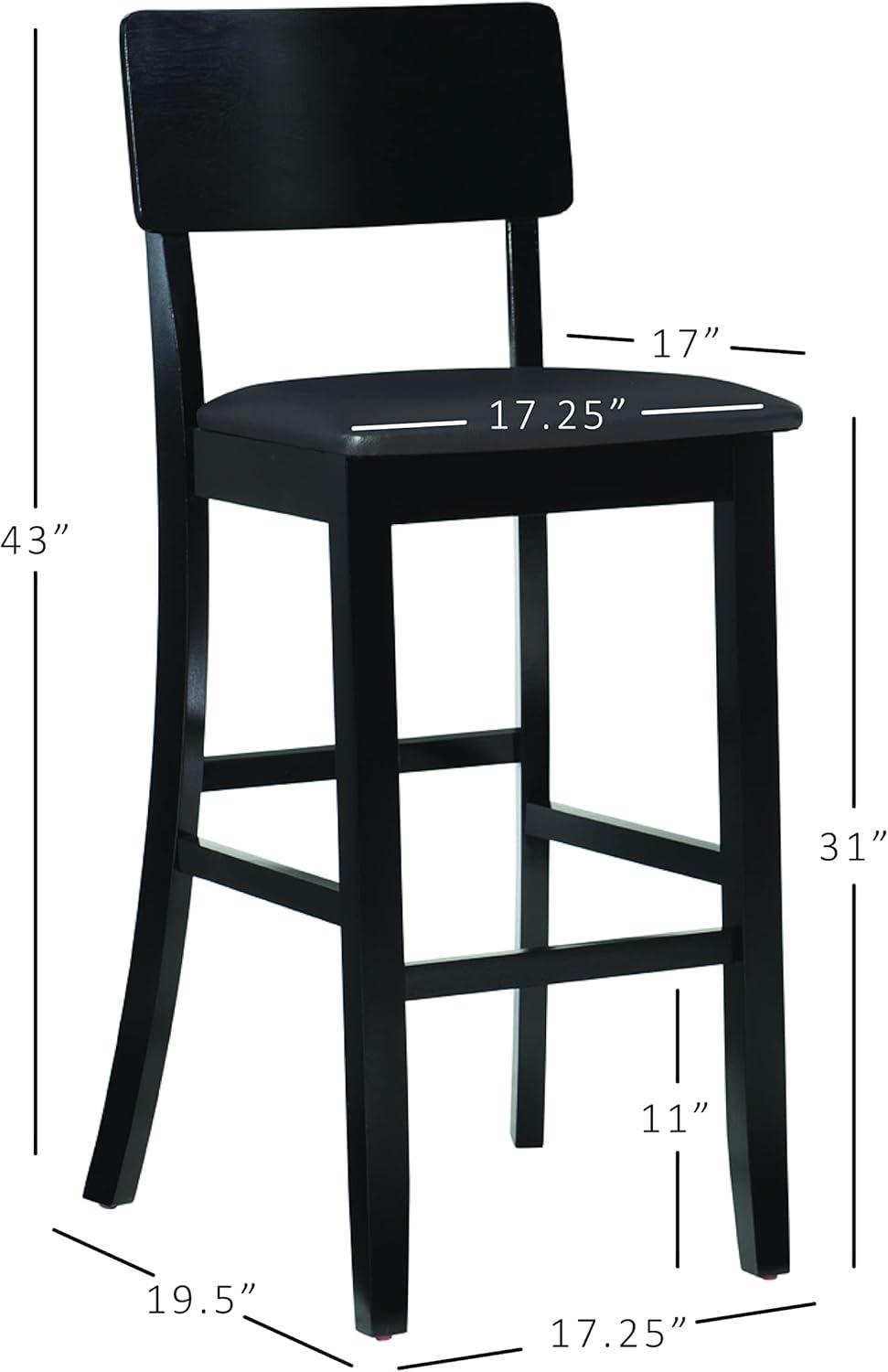 Linon 29" Torino Padded Seat Faux Leather Contemporary Barstool Hardwood/Black: Vinyl Upholstery, Wood Legs, Foam Fill