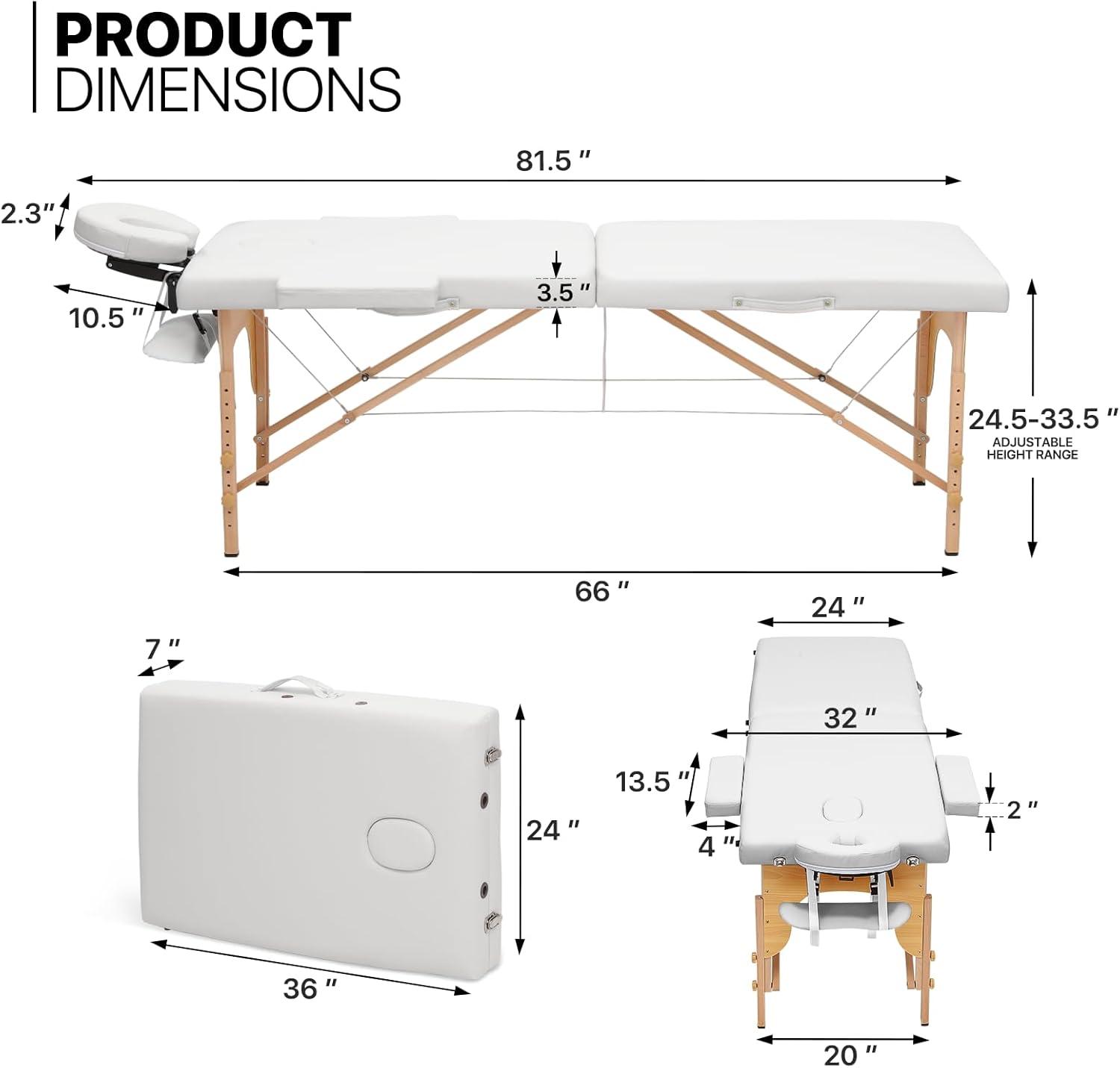 MoNiBloom Portable Massage Table Spa Bed, 24.5" to 33.5" Height Adjustable Two Fold Massage Bed / Facial Salon Tattoo Bed with Carry Bag for Beauty Salon and Family, Beechwood, White