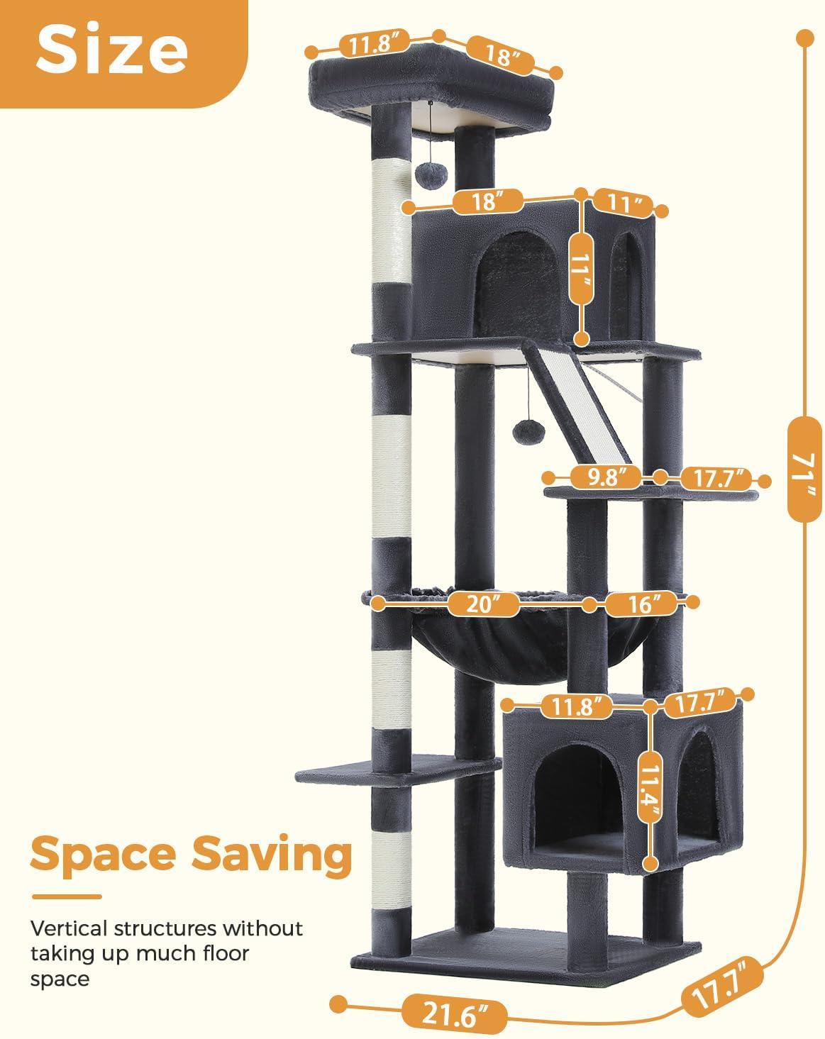 Cat Tree For Large Cats, 71" Tall Cat Tower, Large Cat Tree For Indoor Cats, Multi-Level Cat House Furniture With 2 Big Condo Pad Bed, Cozy Hammock And Sisal Scratching Posts