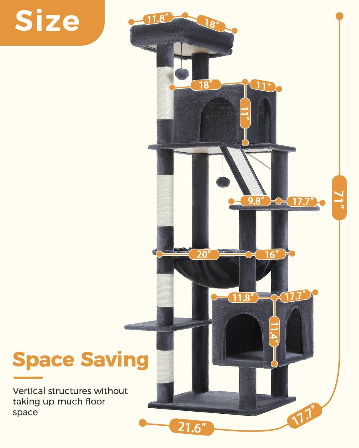 Tucker Murphy Pet™ Cat Tree For Large Cats, 71" Tall Cat Tower, Large Cat Tree For Indoor Cats, Multi-Level Cat House Furniture With 2 Big Condo Pad Bed, Cozy Hammock And Sisal Scratching Posts