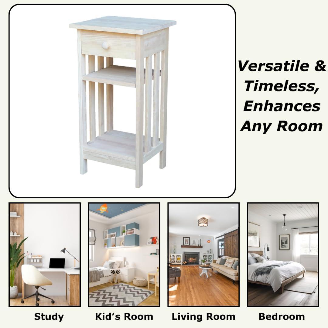 International Concepts Mission Telephone Stand Unfinished : Hardwood Accent Table with Drawer & Fixed Shelf