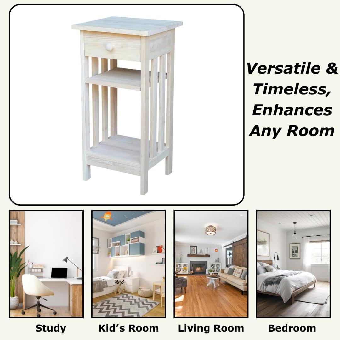International Concepts Mission Telephone Stand Unfinished : Hardwood Accent Table with Drawer & Fixed Shelf