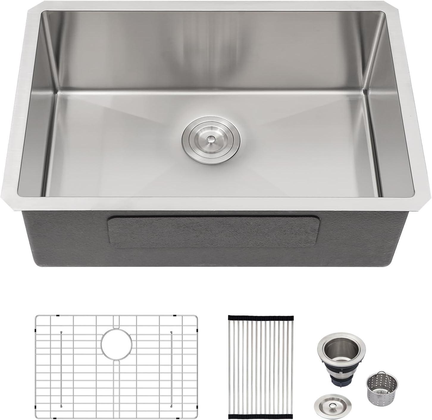 Sarlai 28'' L x 18" W Undermount Single Bowl Stainless Steel Kitchen Sink with Sink Grid and Basket Strainer SU2818R