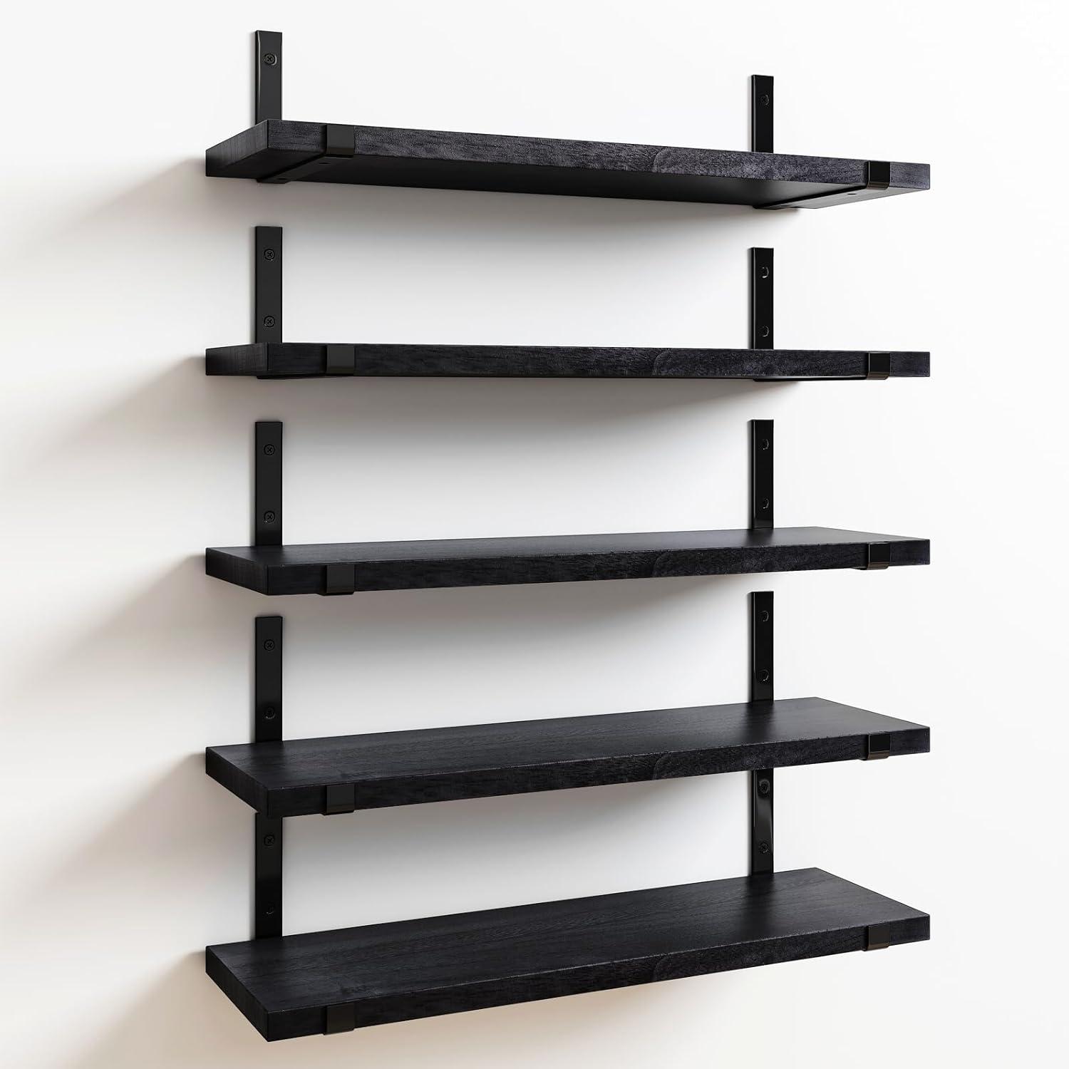 Black Paulownia Wood Floating Wall Shelves Set of 5