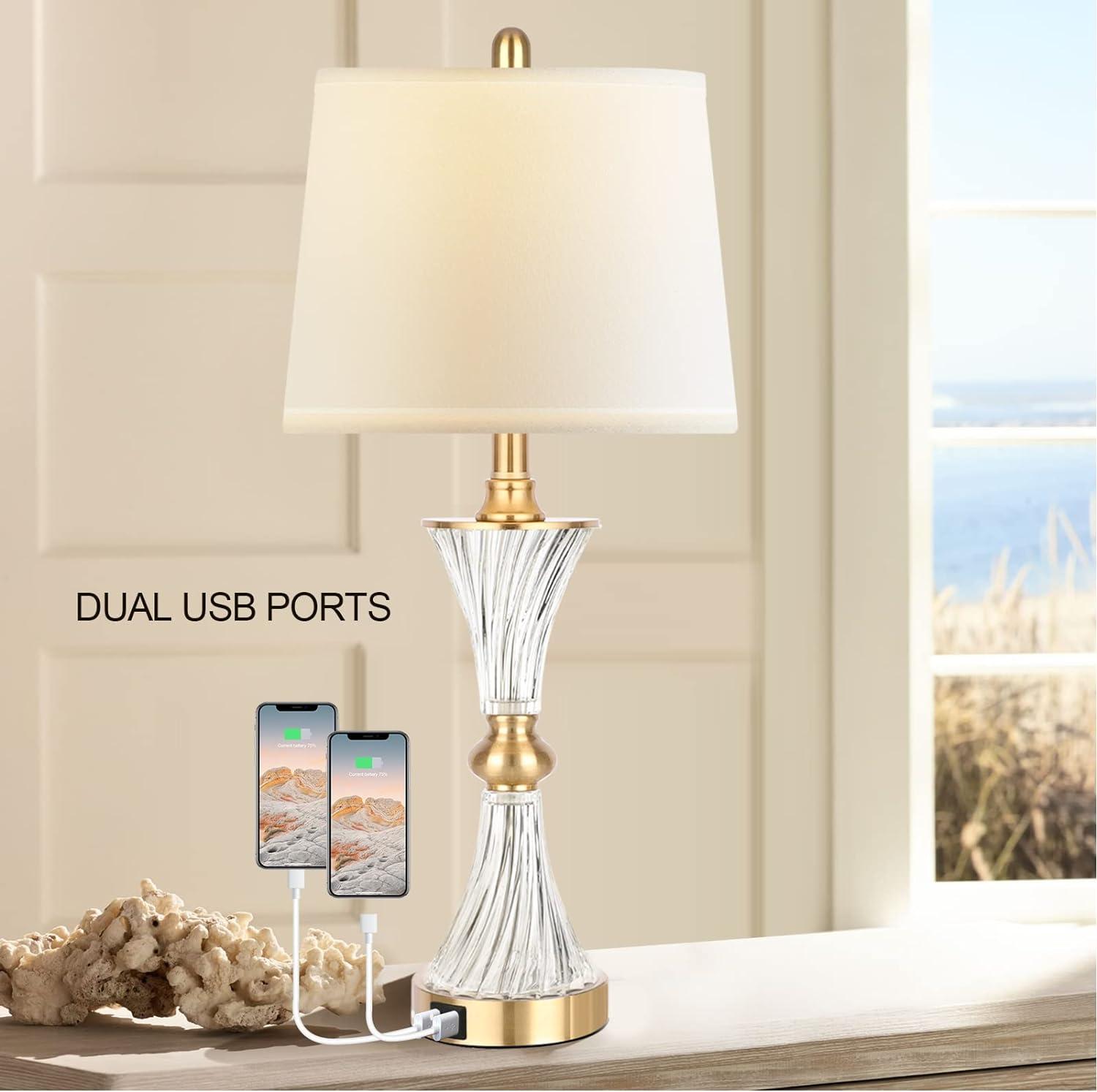 Touch Control Dimmable Table Lamps for Bedrooms, 3-Way Gold Crystal Bedside Lamp with USB Ports, Set of 2 Contemporary End Table Lamps with White Drum Shade for Living Room Reading, LED Bulbs Included