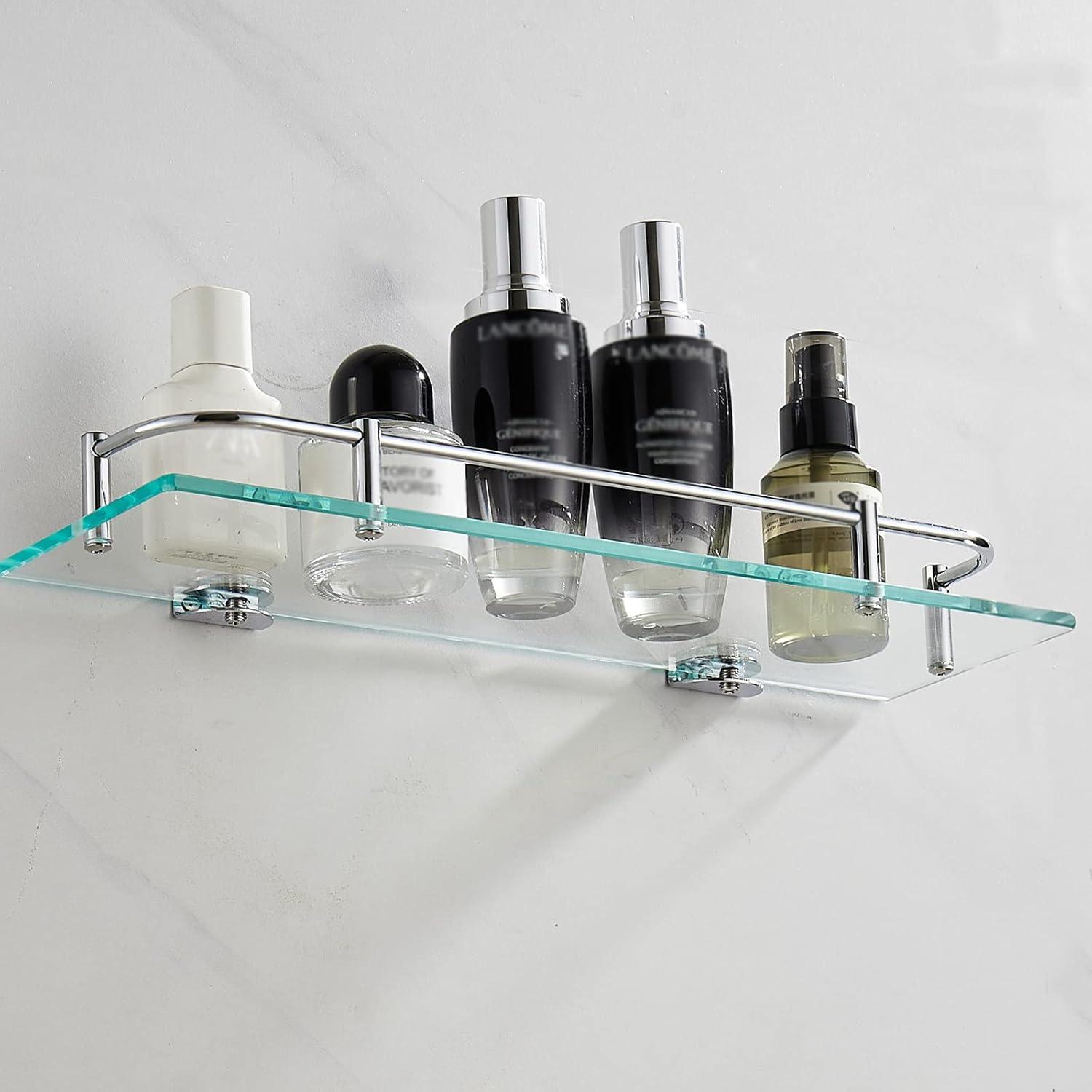 Glass Bathroom Shelves, Rectangular Tempered Glass Floating Shelves for Wall with 304 Stainless Steel Rail and Zinc Alloy Bracket, 2 Pack