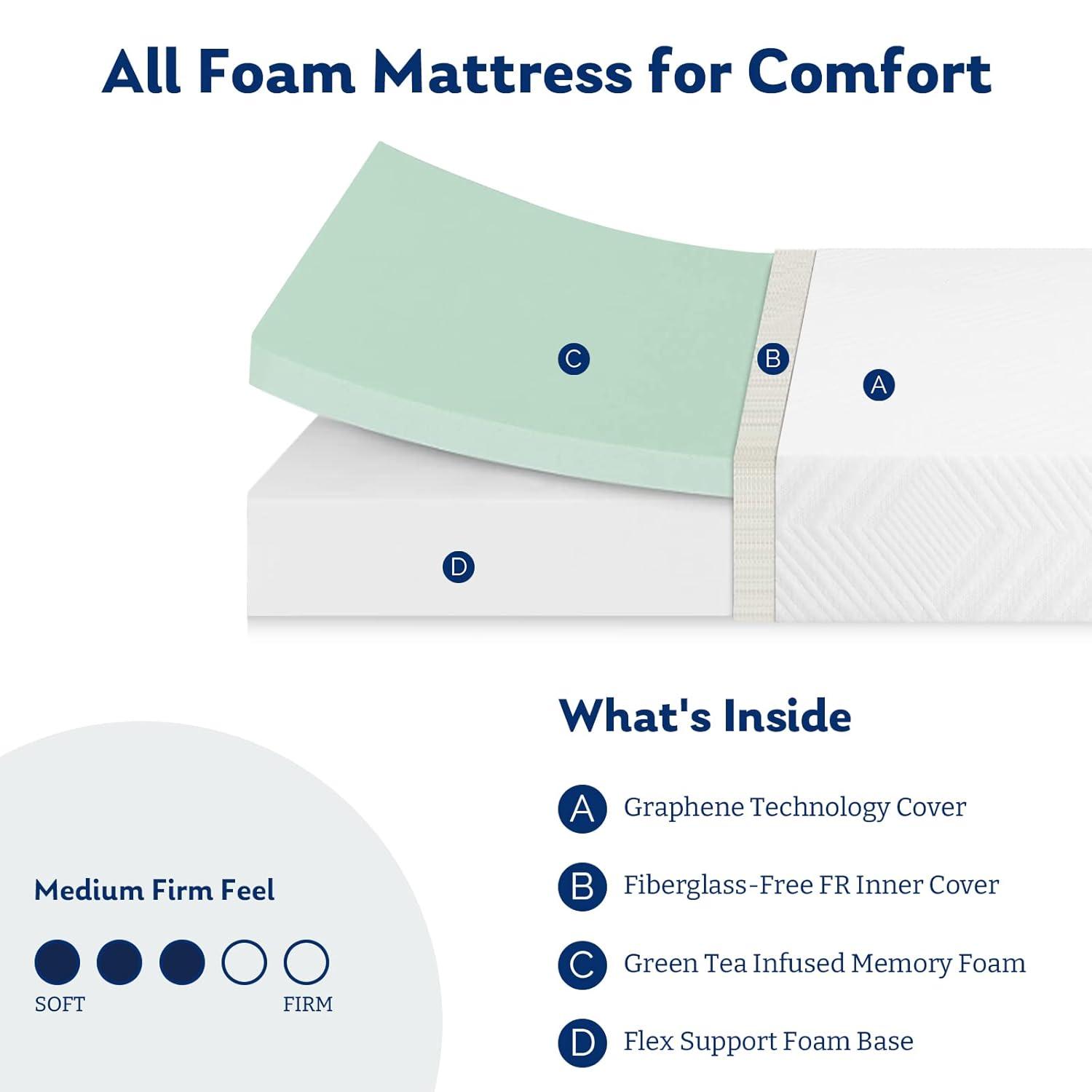 Twin Mattress, 8 Inch Memory Foam Mattress Bed in a Box, Medium, Green Tea and Cooling Gel Infused CertiPUR-US Certified, Made in USA