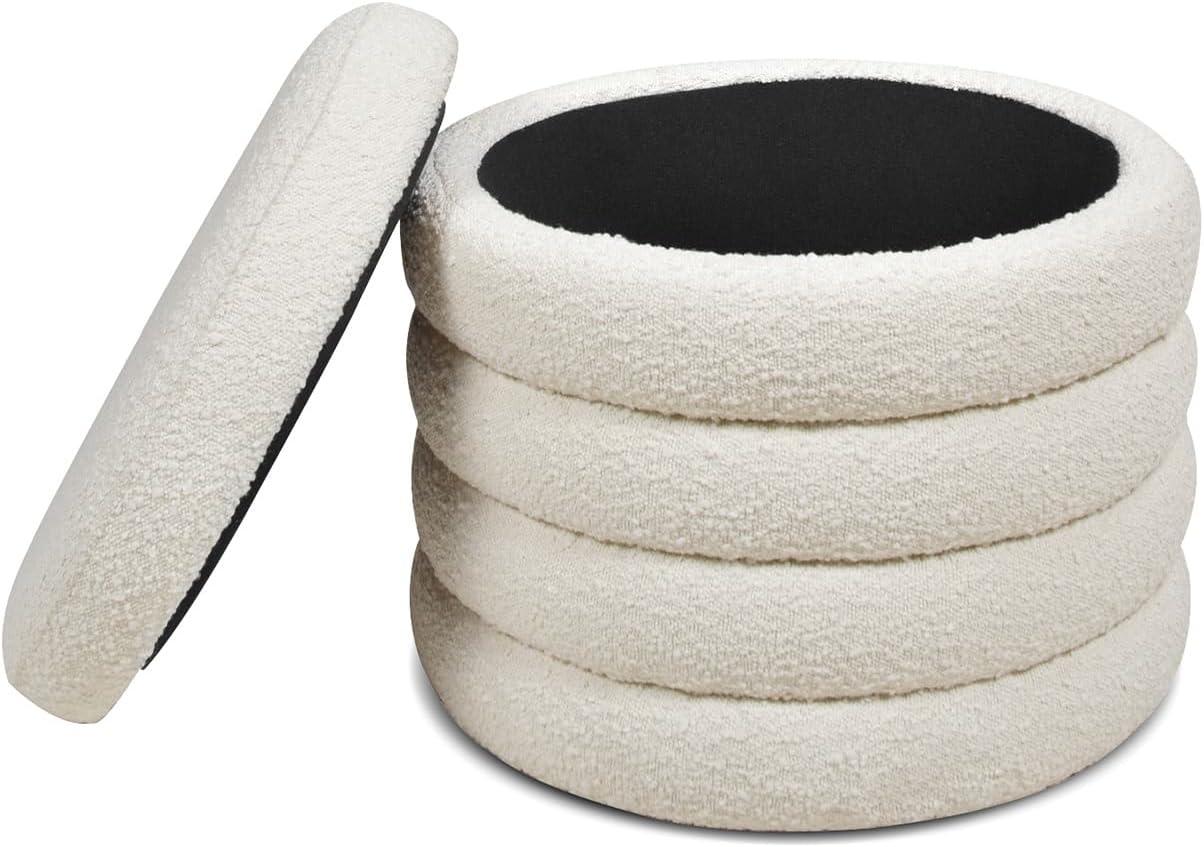 NicBex Modern 19" Round Storage Ottoman Wood Footstools with Boucle Fabric for Bedroom and Living Room, White