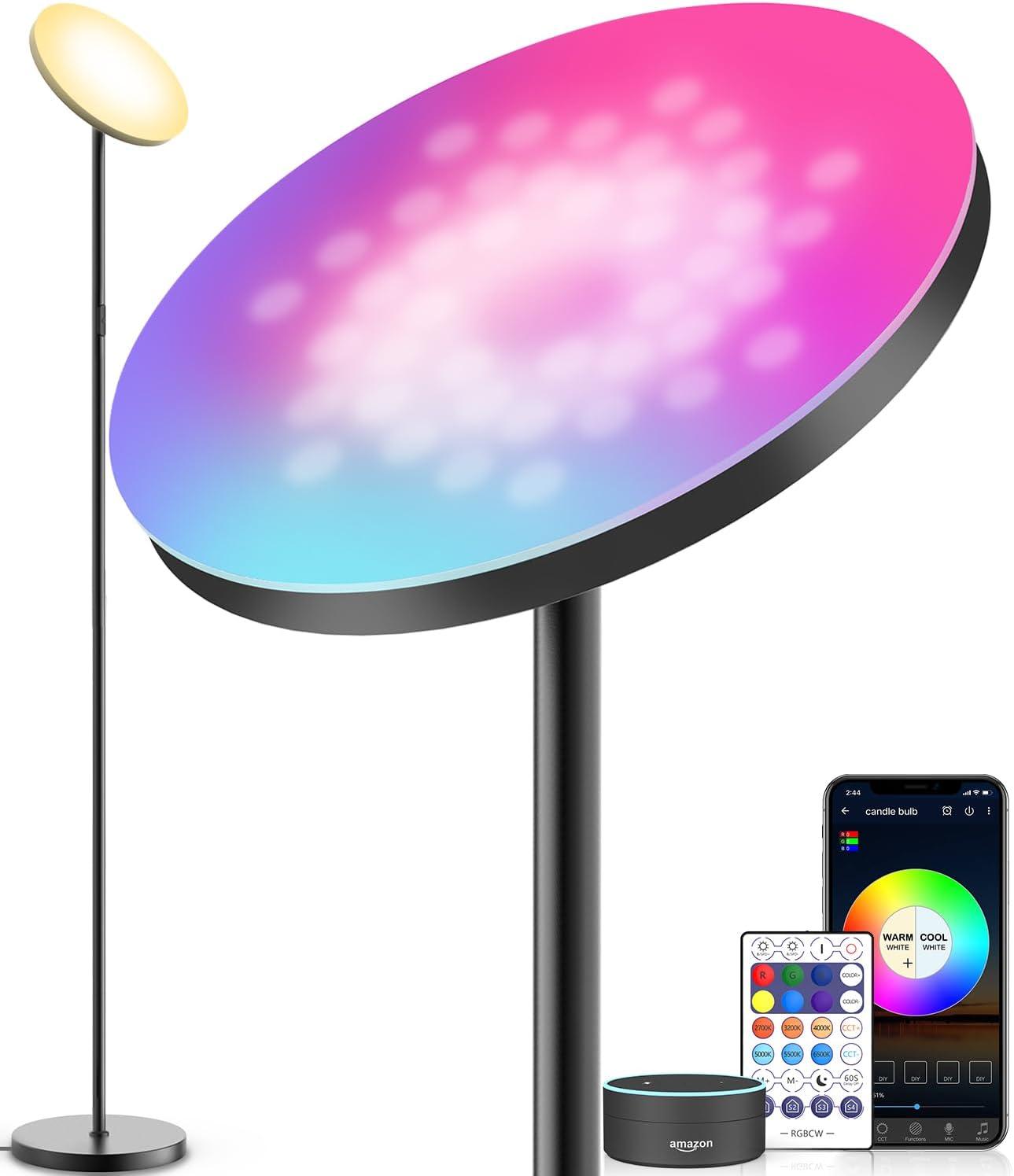 Black Adjustable LED Torchiere with Multicolor Shade