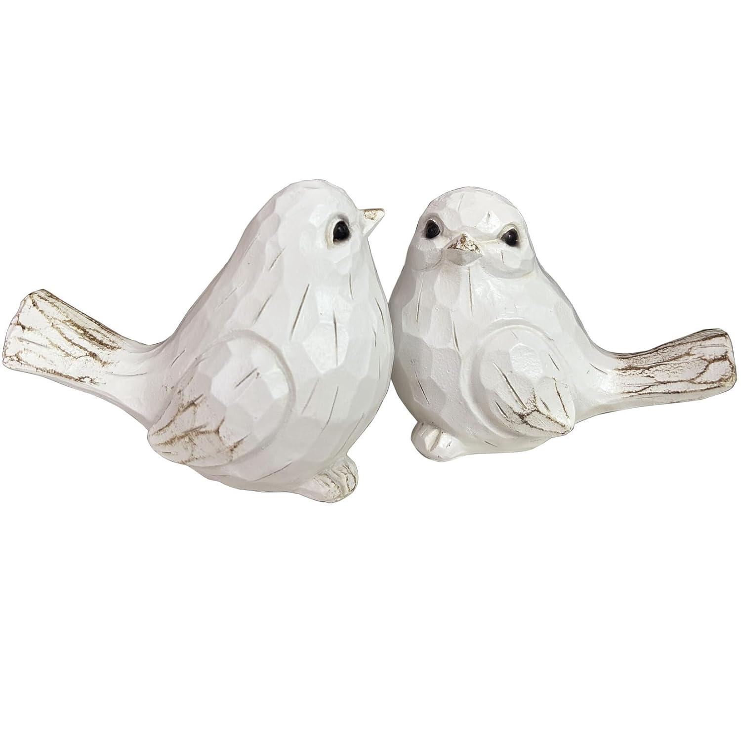 Farmhouse Bird Decor Resin Bird Figurines - Set of 2, Vintage & Modern Bird Decor Statue for Home Decor Accents, Cottage Bird Ornaments Decoration New White Carved Rustic Bird Figurine