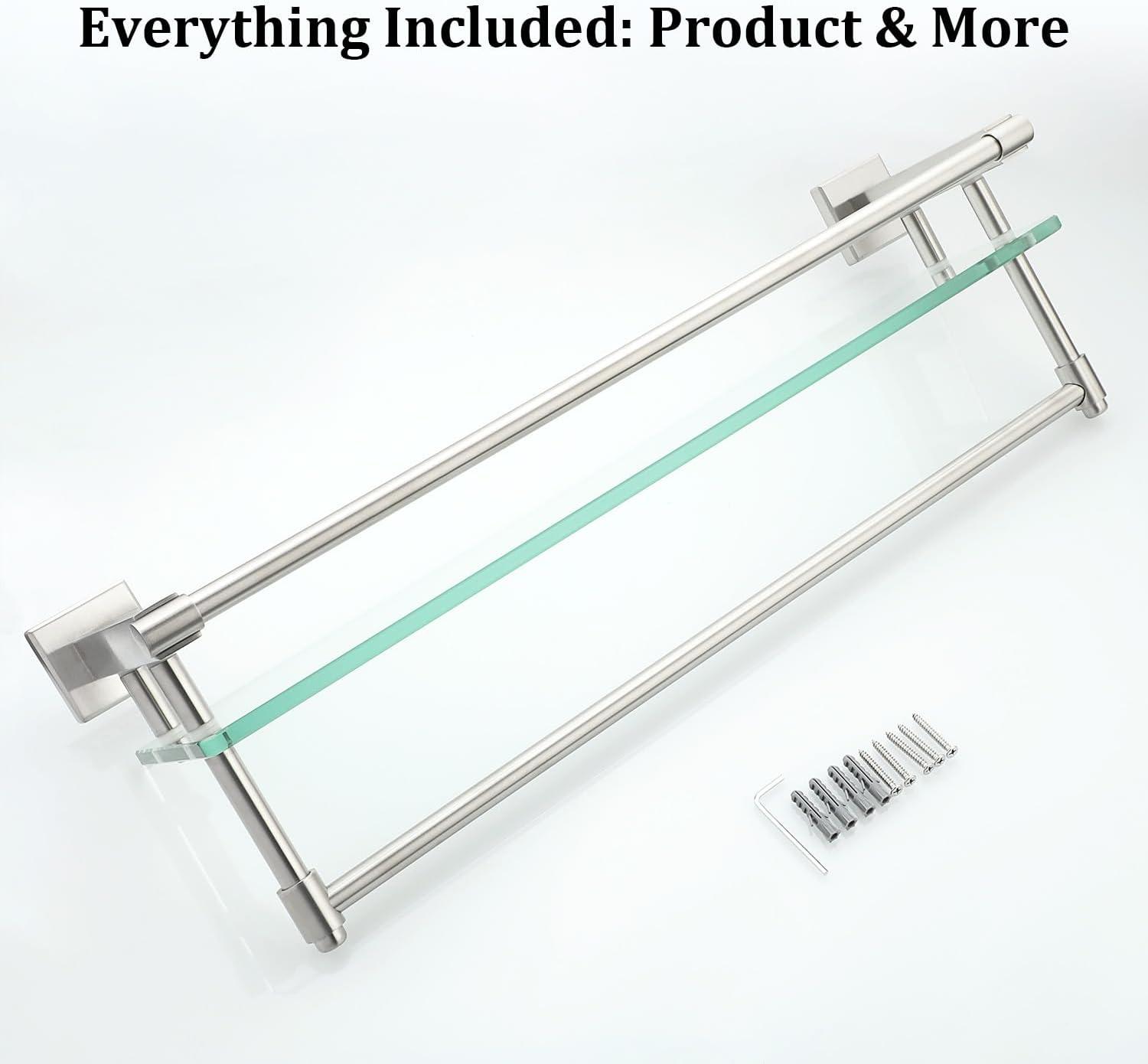 Alise Bathroom Glass Shelf Wall Mounted, Tempered Glass Bathroom Shelf with Towel Bar, SUS304 Stainless Steel Modern Floating Shelf, Brushed Nickel, 20 inch