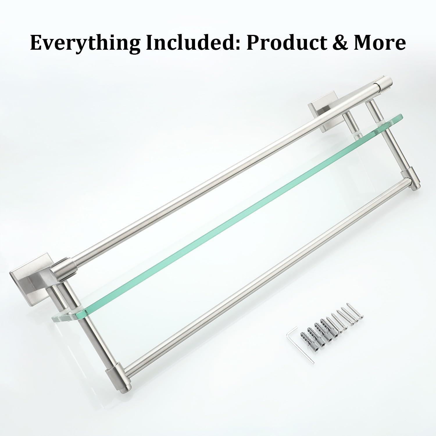 Alise Bathroom Glass Shelf Wall Mounted, Tempered Glass Bathroom Shelf with Towel Bar, SUS304 Stainless Steel Modern Floating Shelf, Brushed Nickel, 20 inch