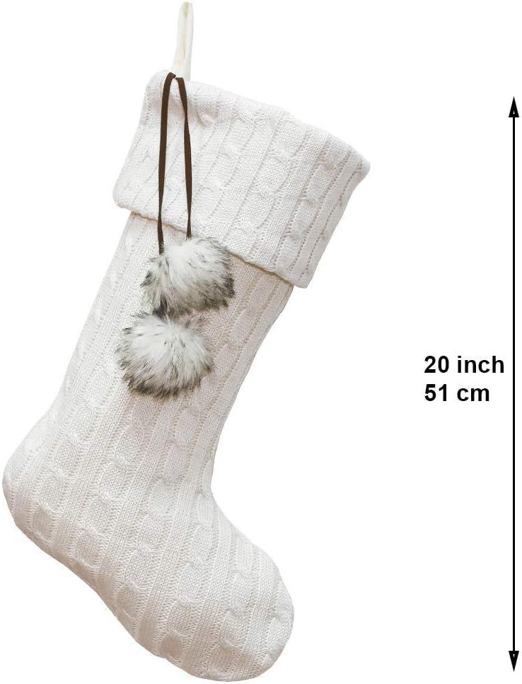 Ivory Cable Knit Christmas Stockings with Faux Fur Pom Poms, 20 Inches, Set of 3