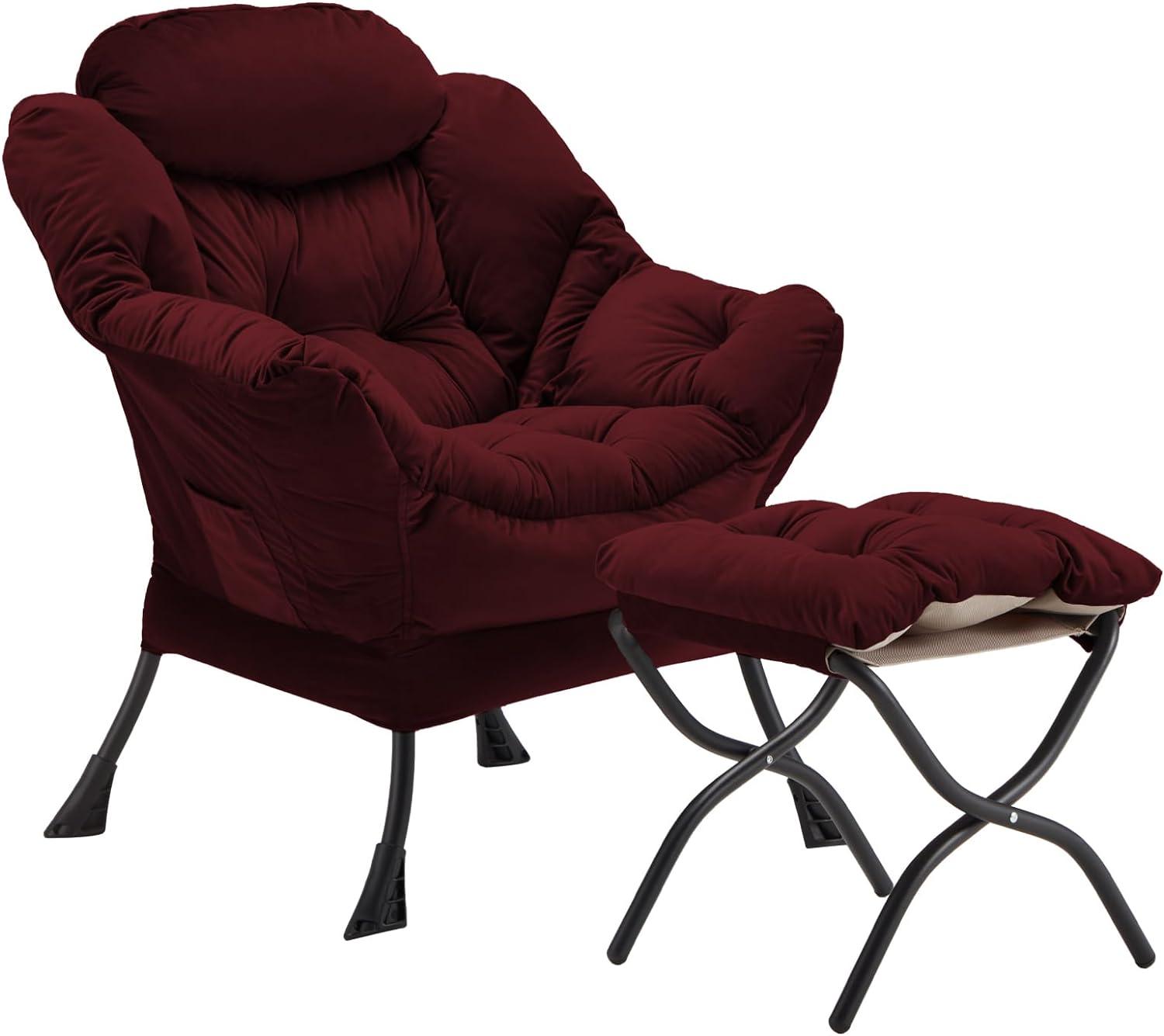 Burgundy Velvet Accent Chair with Ottoman and Metal Frame