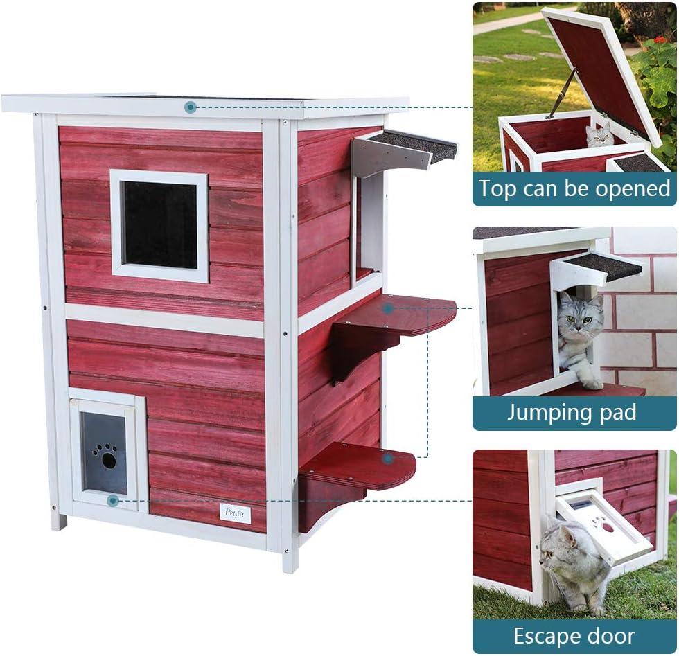 Petsfit 2-Story Weatherproof Outdoor Kitty Cat House/Condo/Shelter with Escape Door Red