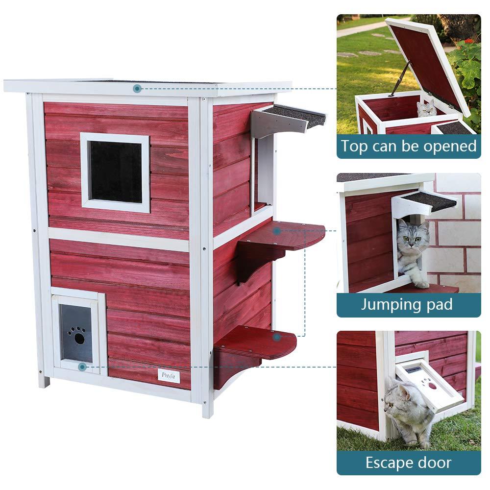 Petsfit 2-Story Weatherproof Outdoor Kitty Cat House/Condo/Shelter with Escape Door Red