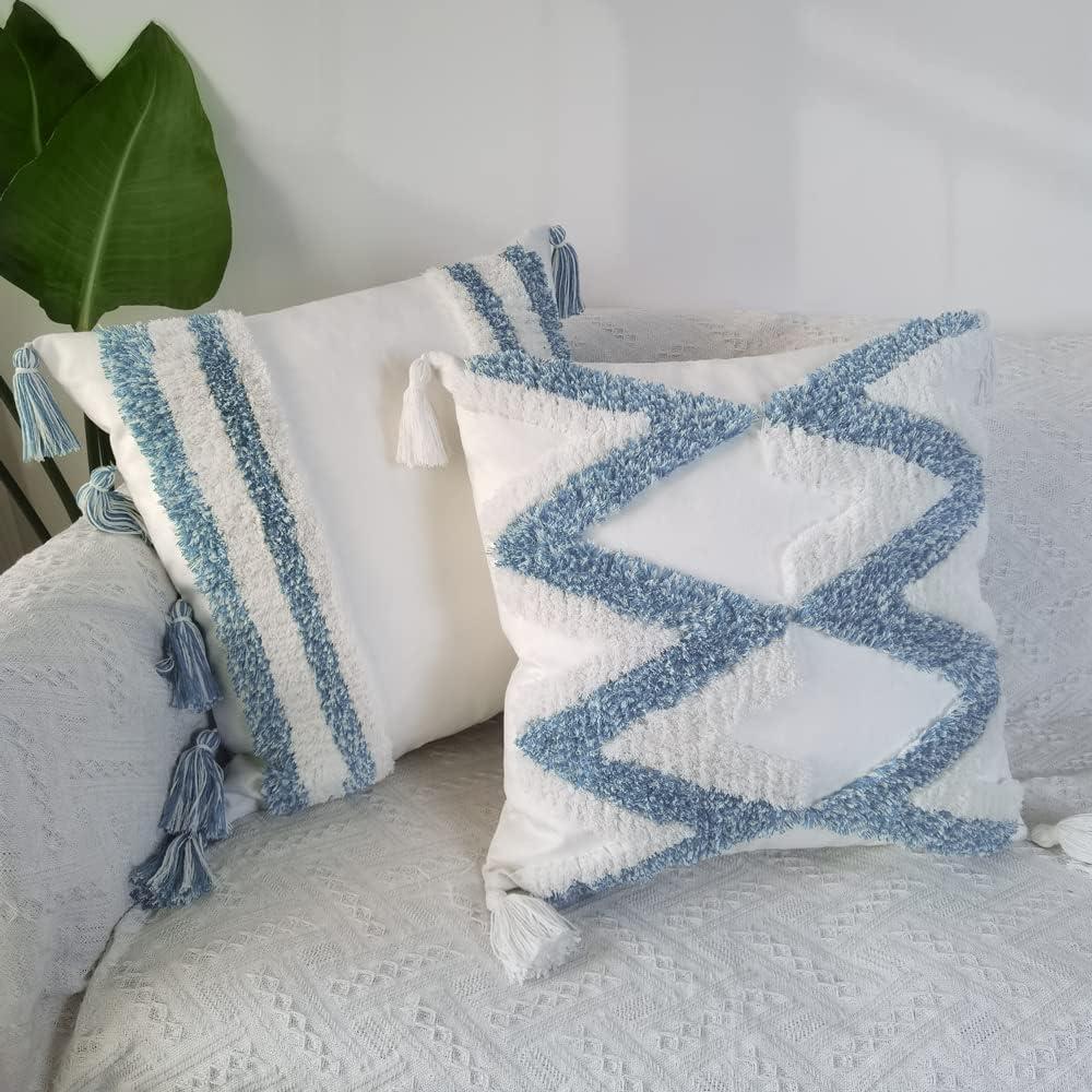 White and Blue Boho Tufted Velvet Pillow Covers with Tassels, 18"x18", Set of 2