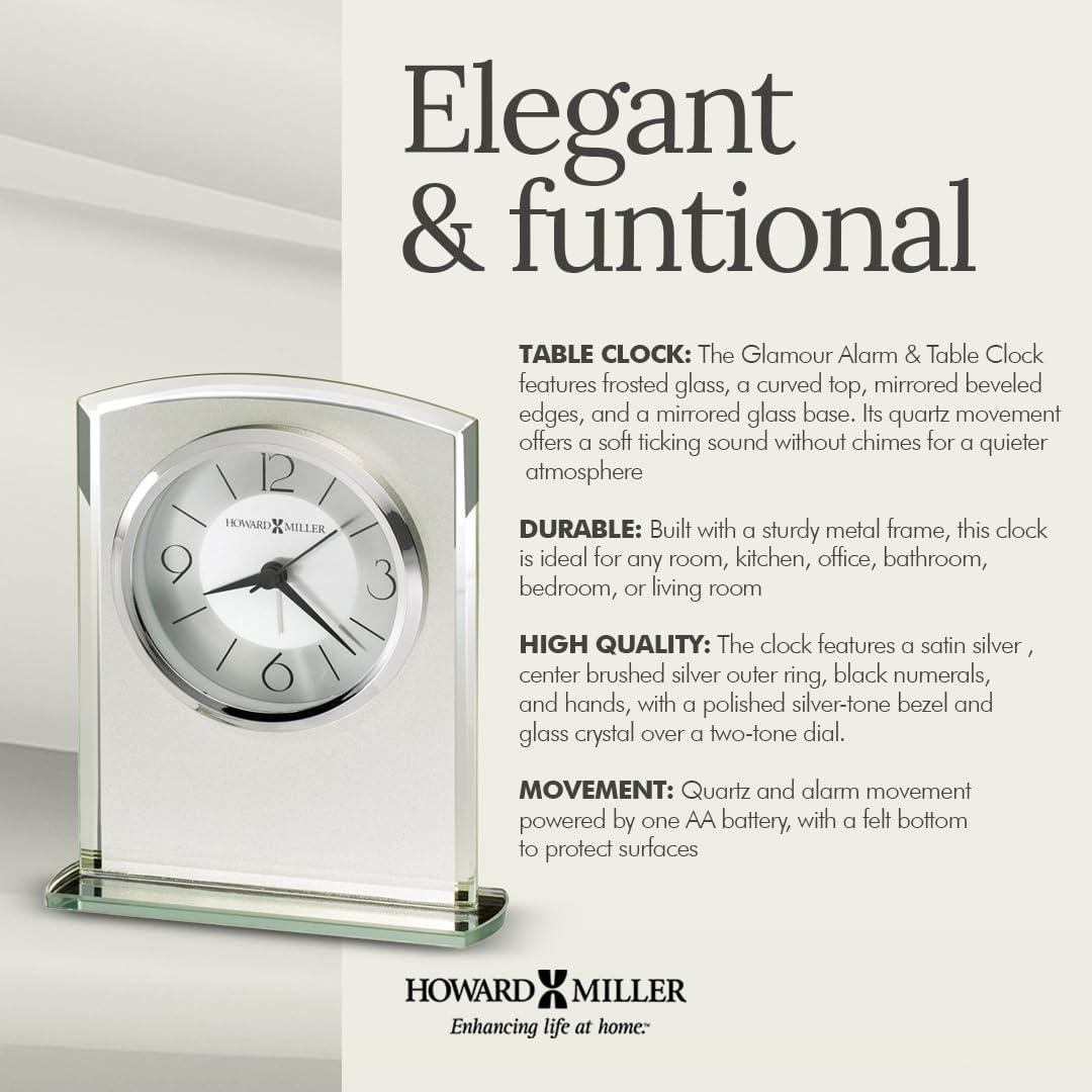 Glamour Modern & Contemporary Analog Silver Quartz Movement / Crystal Tabletop Clock with Alarm in Glass