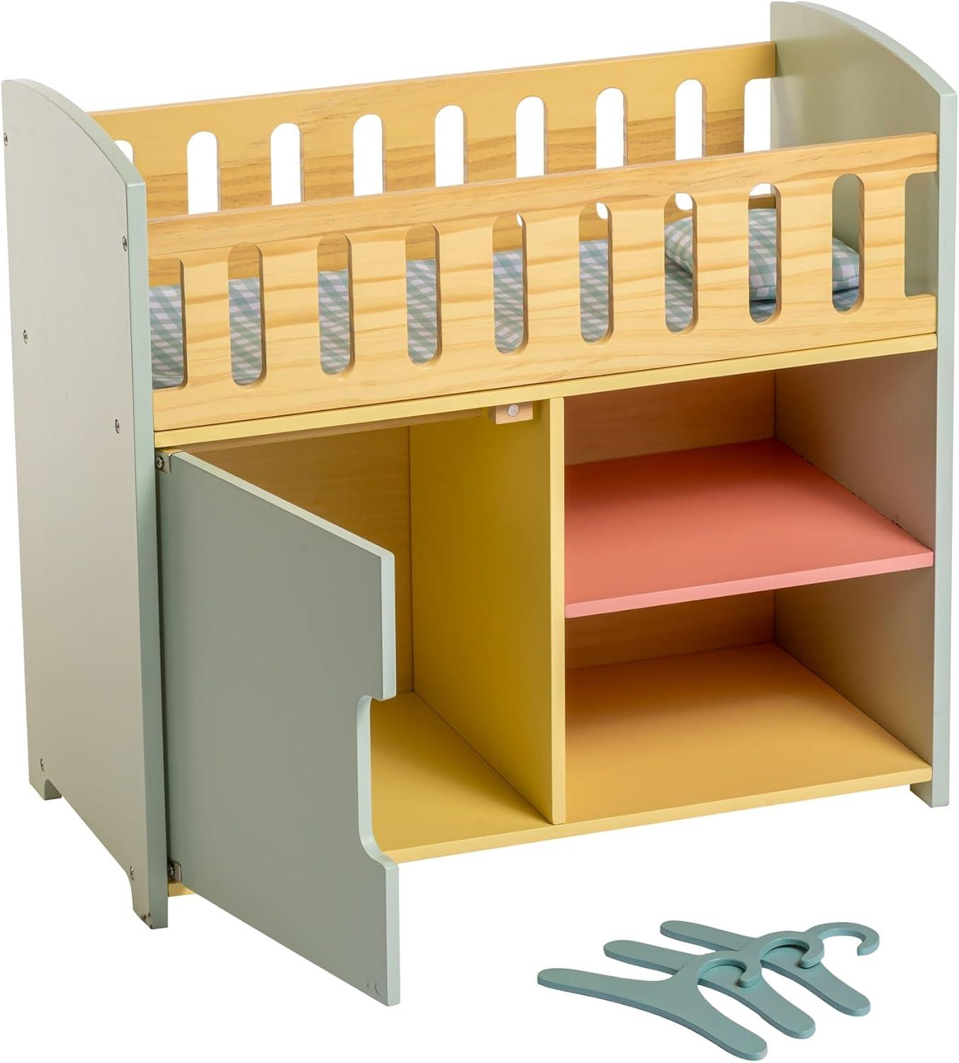 Deluxe Wooden Doll Crib with Storage in Multicolor