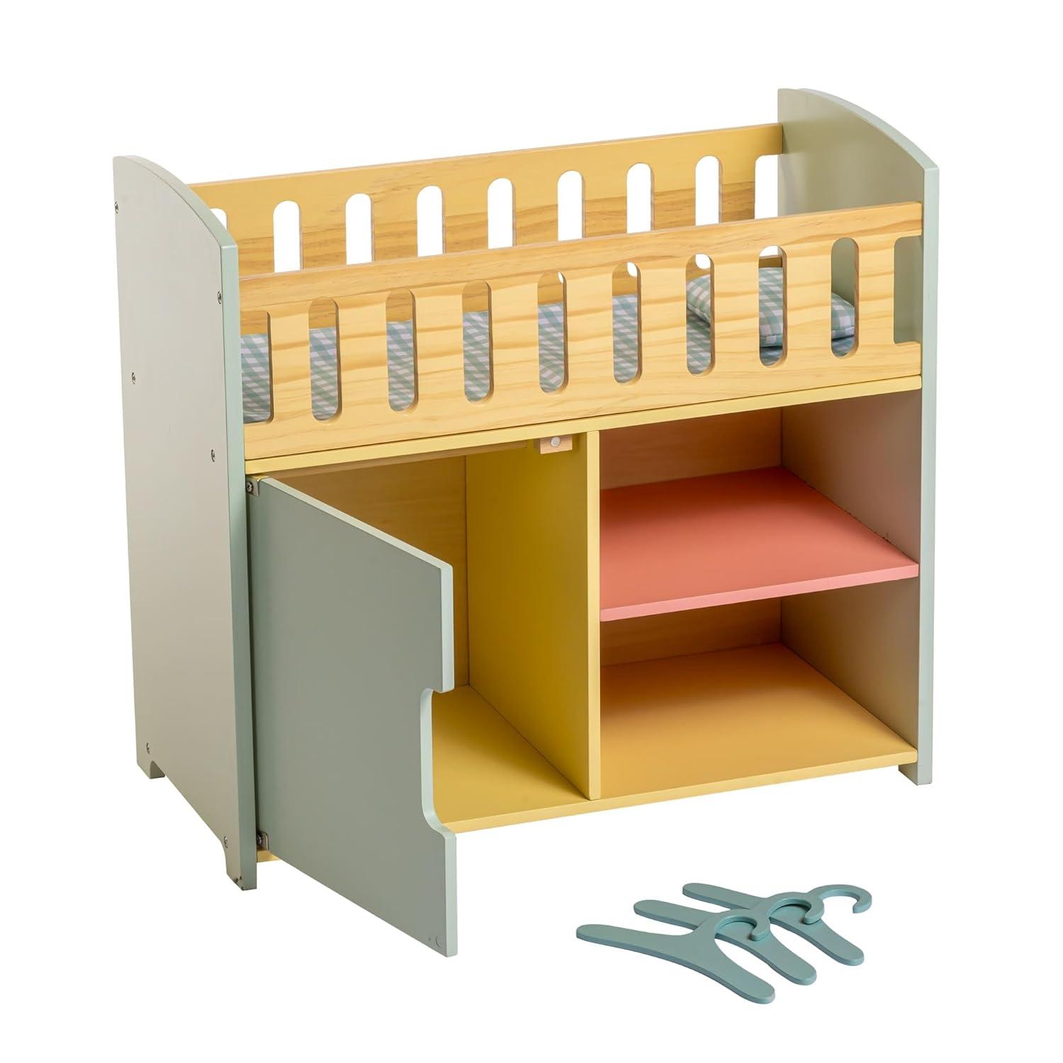 Deluxe Wooden Doll Crib with Storage in Multicolor