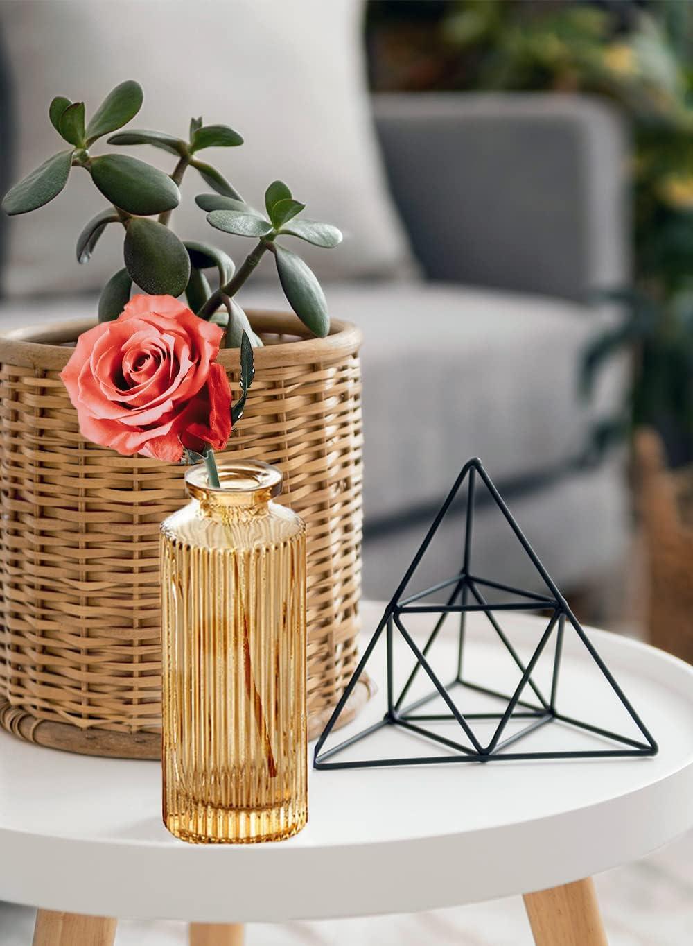 Serene Spaces Living Set of 4 Amber Pleated Bud Vase, Vases for Centerpieces for Home Decor, Events, Weddings, Parties, Measures 5.25" Tall and 2" Diameter