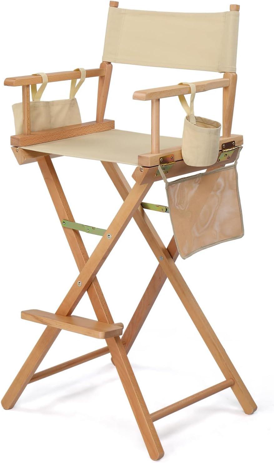 OmySalon Professional Folding Makeup Artist Chair - 31" Tall Heavy Duty Director Chair for Studio & On-The-Go Use | 250lbs Capacity, Apricot Canvas with Storage Bags, Footrest & Solid Hardwood Frame